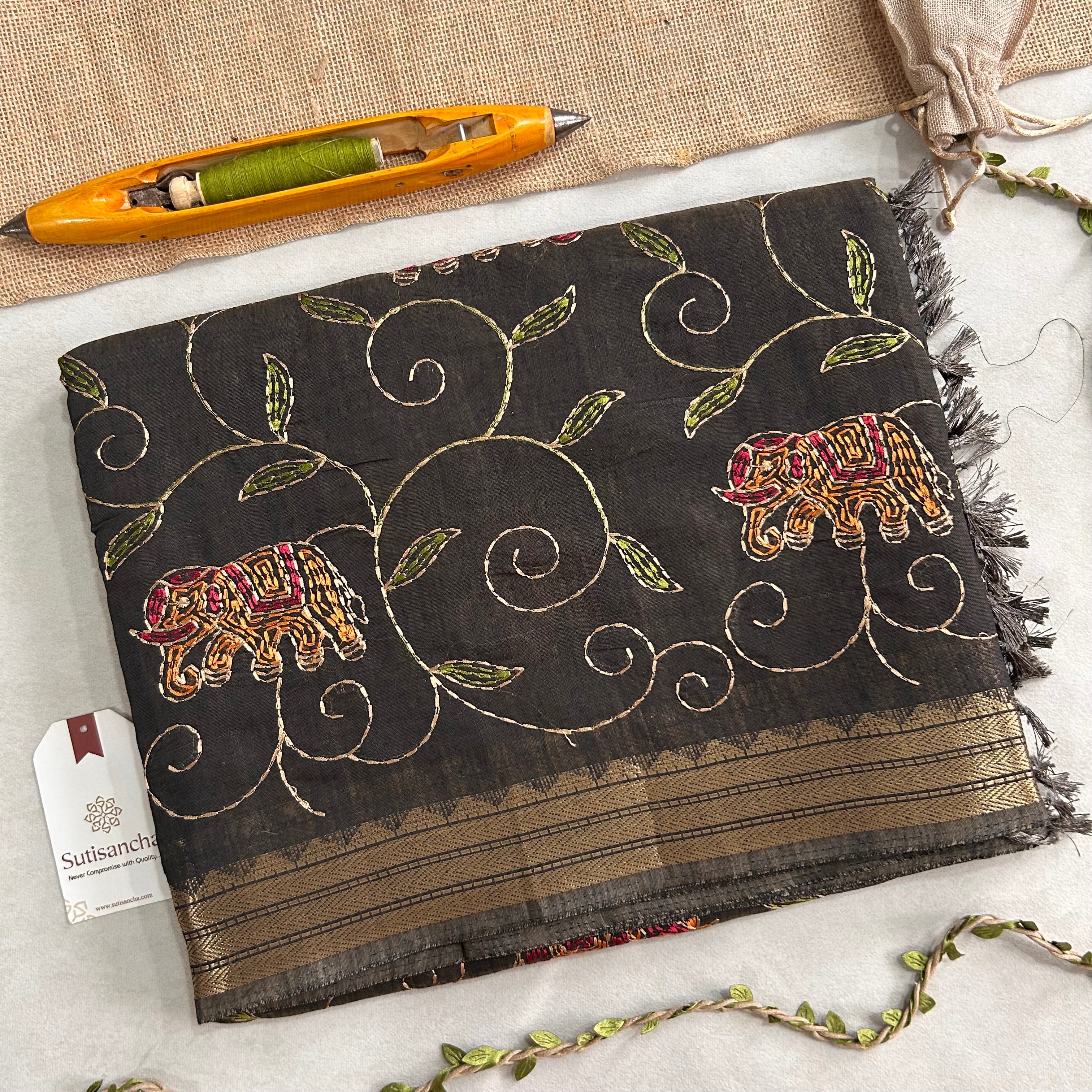 Gajini Heritage Cotton Saree Elephant Vine Design