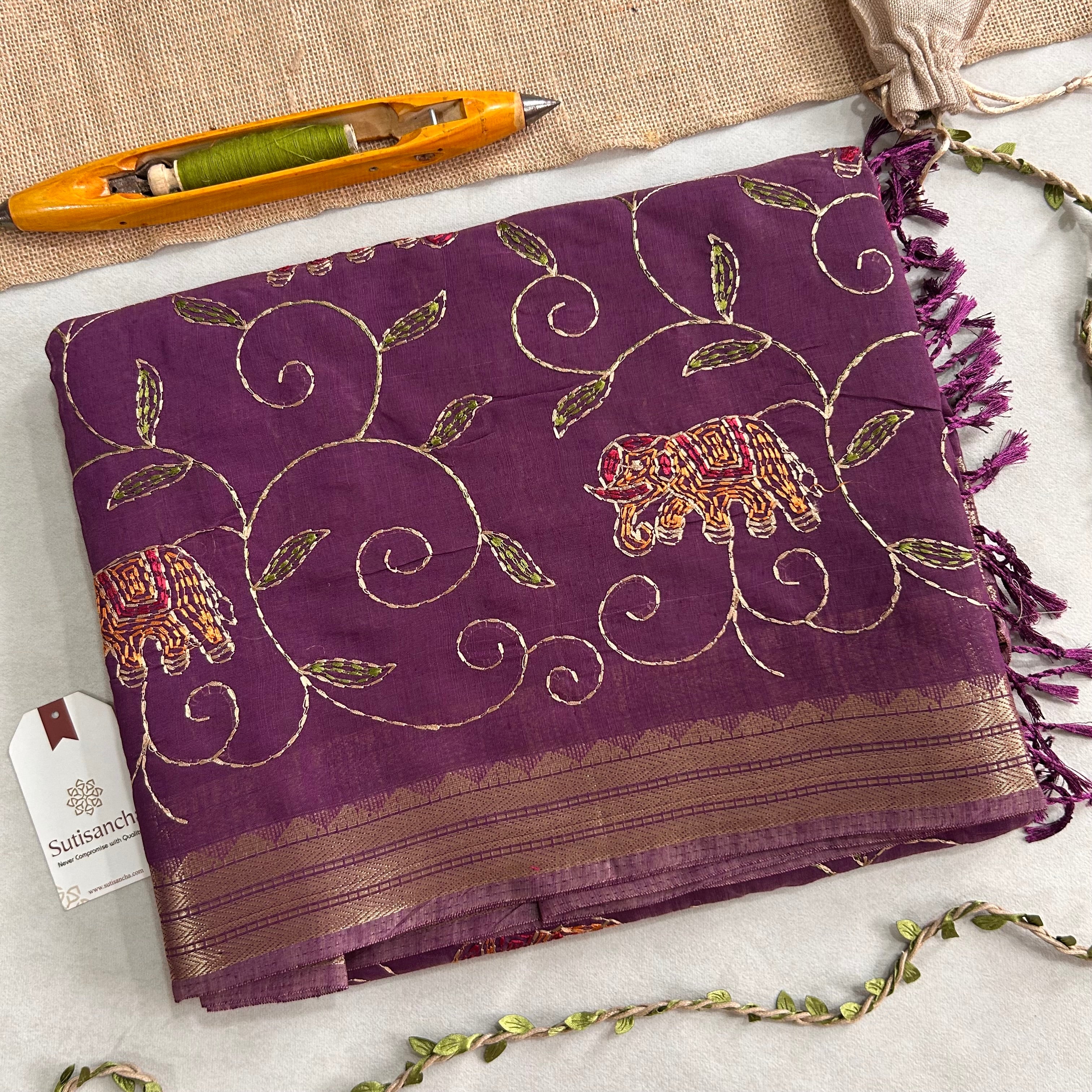 Gajini Heritage Cotton Saree Elephant Vine Design
