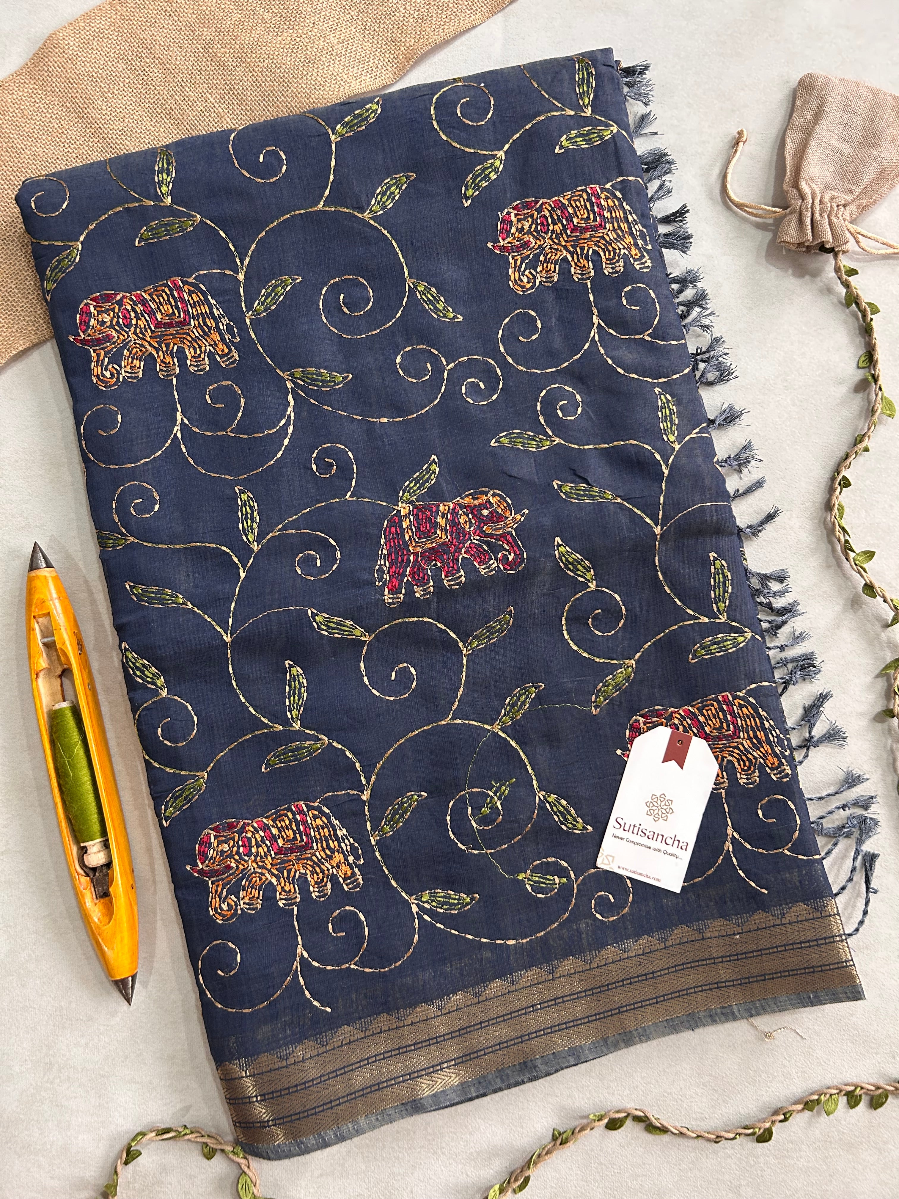 Gajini Heritage Cotton Saree Elephant Vine Design