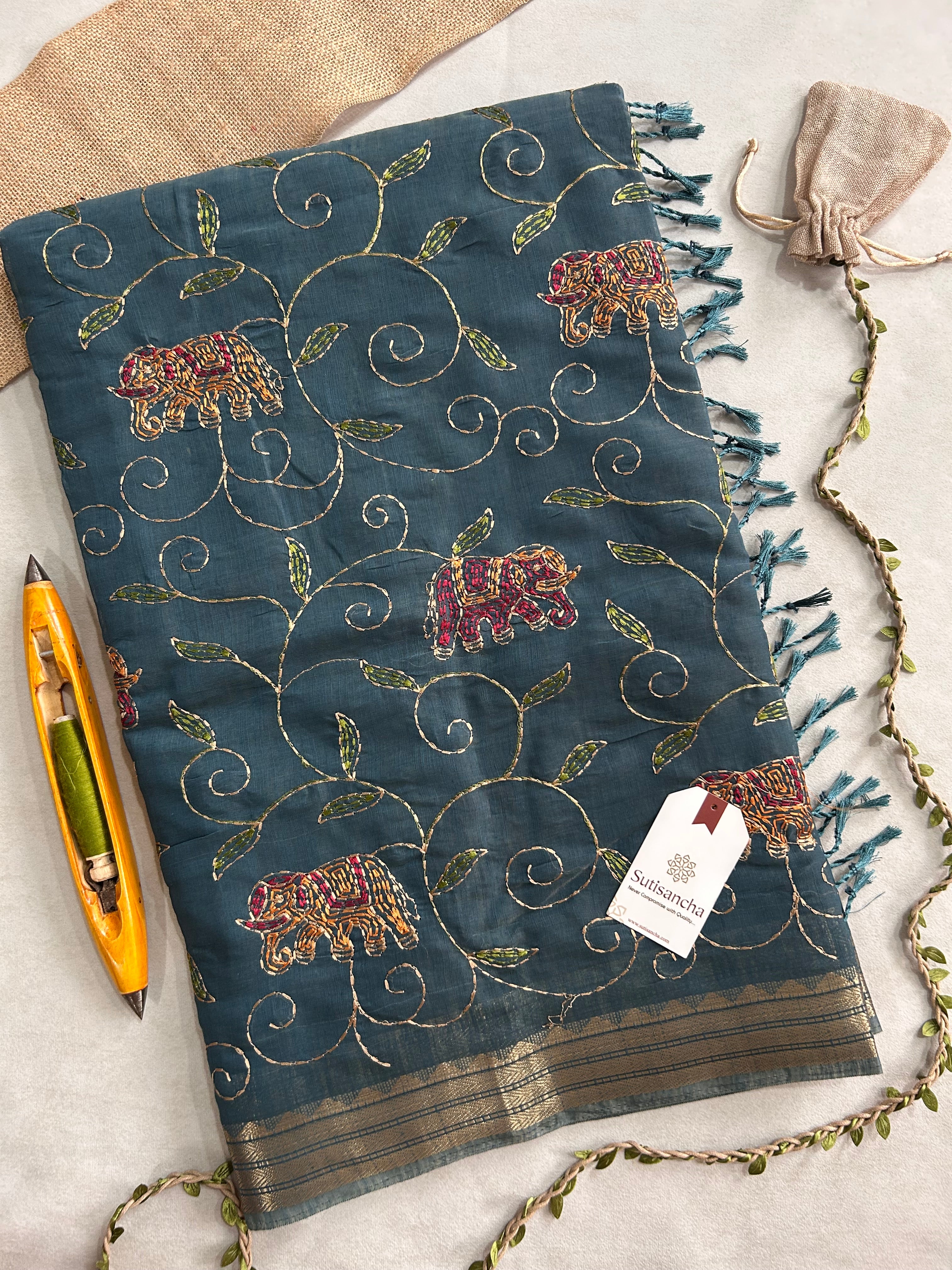 Gajini Heritage Cotton Saree Elephant Vine Design
