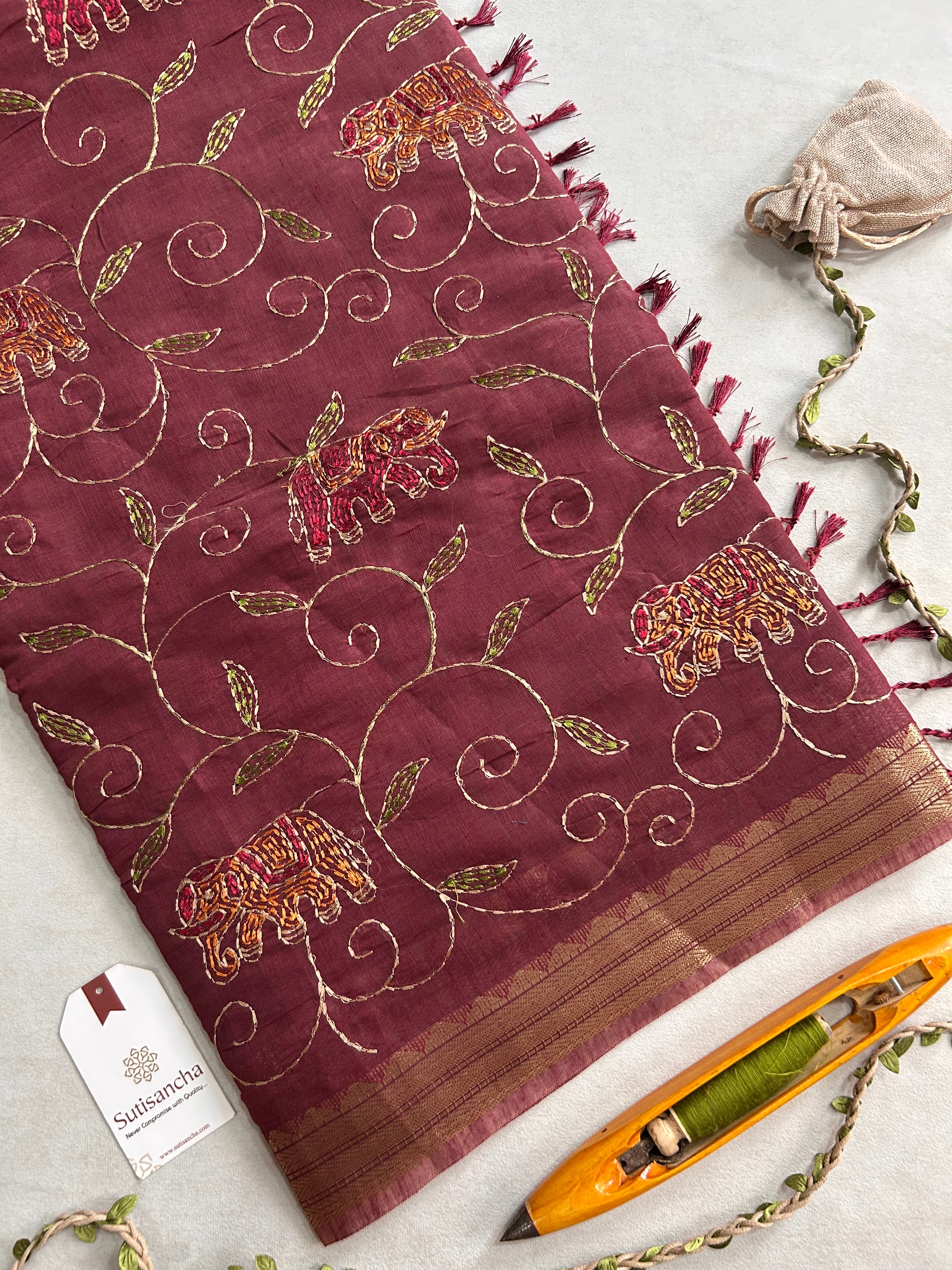 Gajini Heritage Cotton Saree Elephant Vine Design