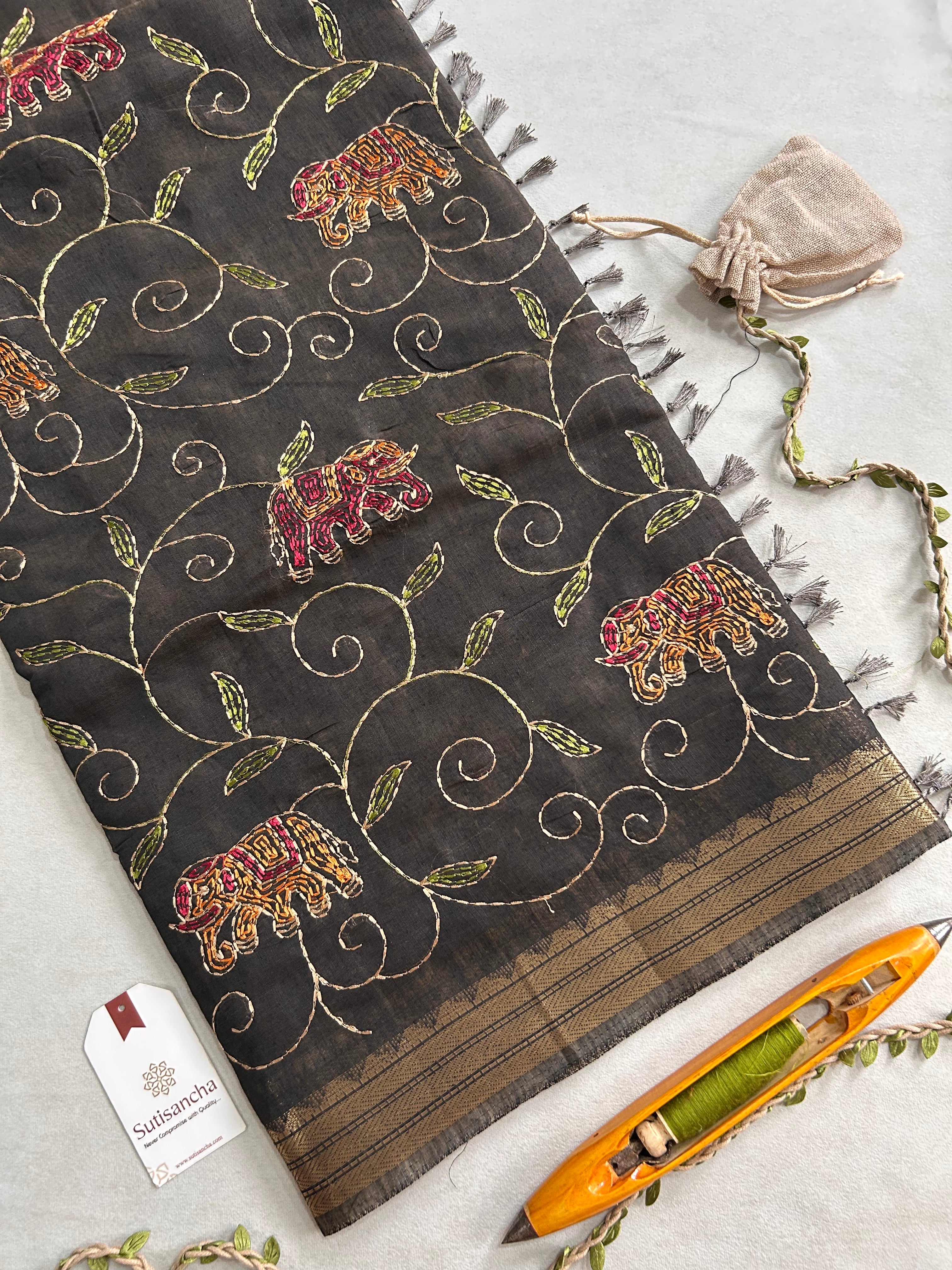 Gajini Heritage Cotton Saree Elephant Vine Design