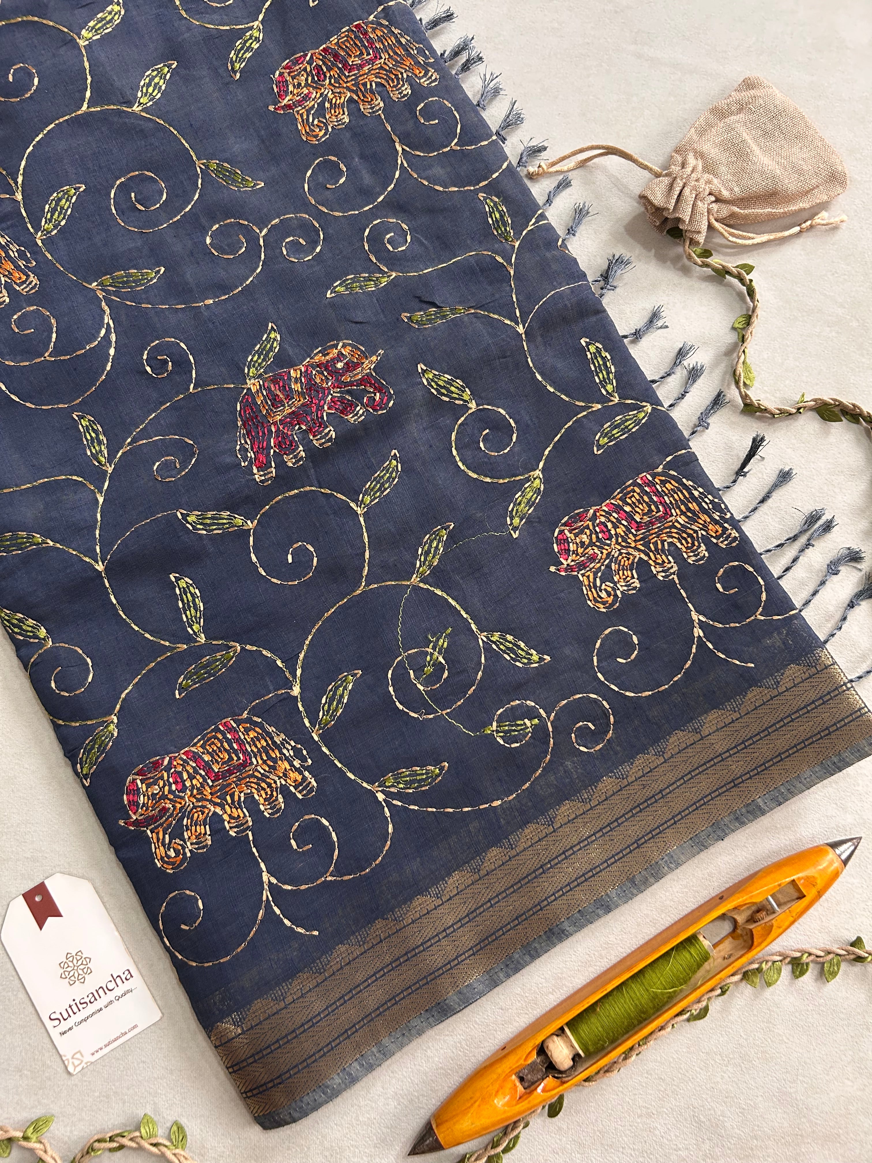 Gajini Heritage Cotton Saree Elephant Vine Design