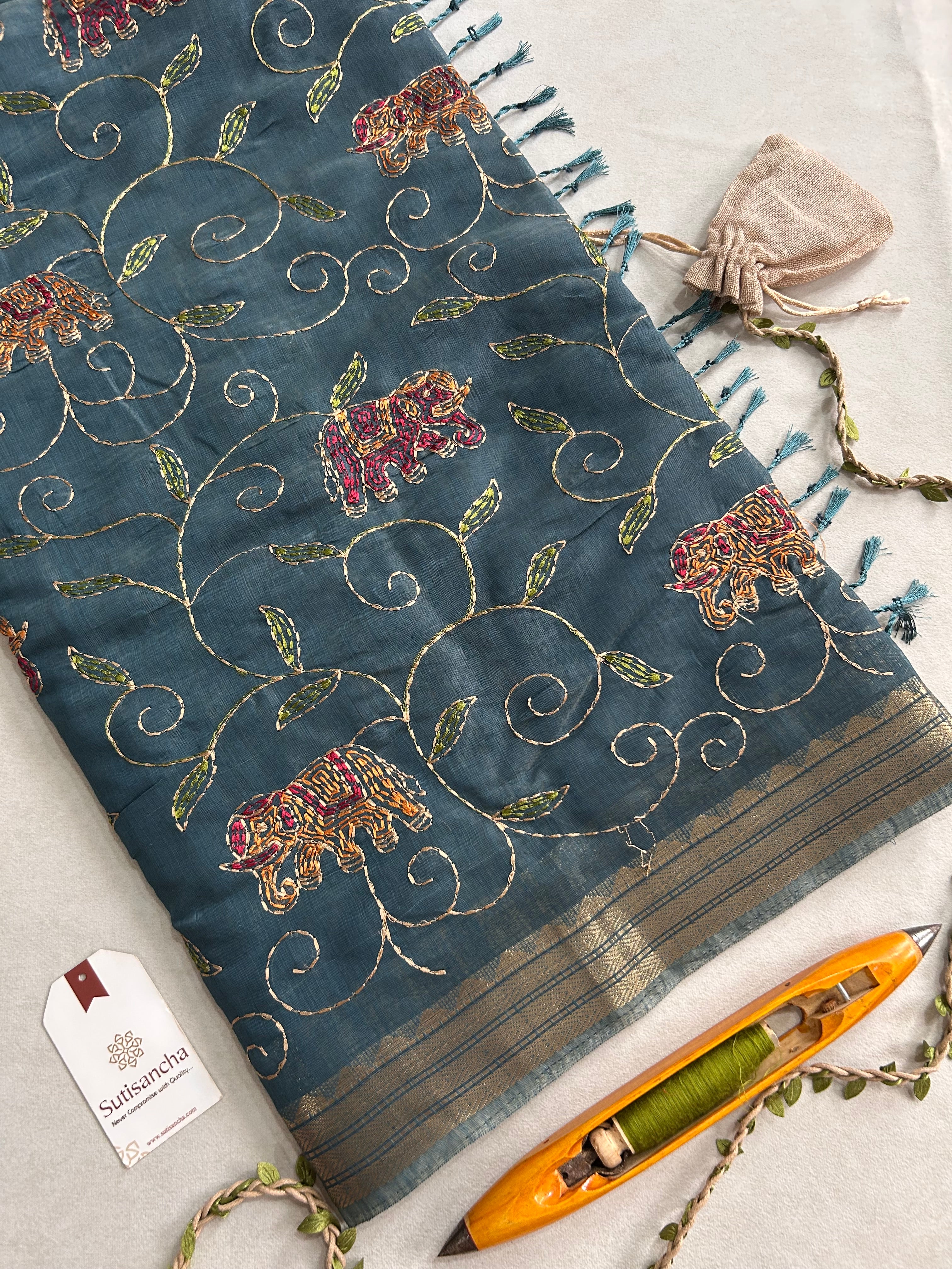 Gajini Heritage Cotton Saree Elephant Vine Design