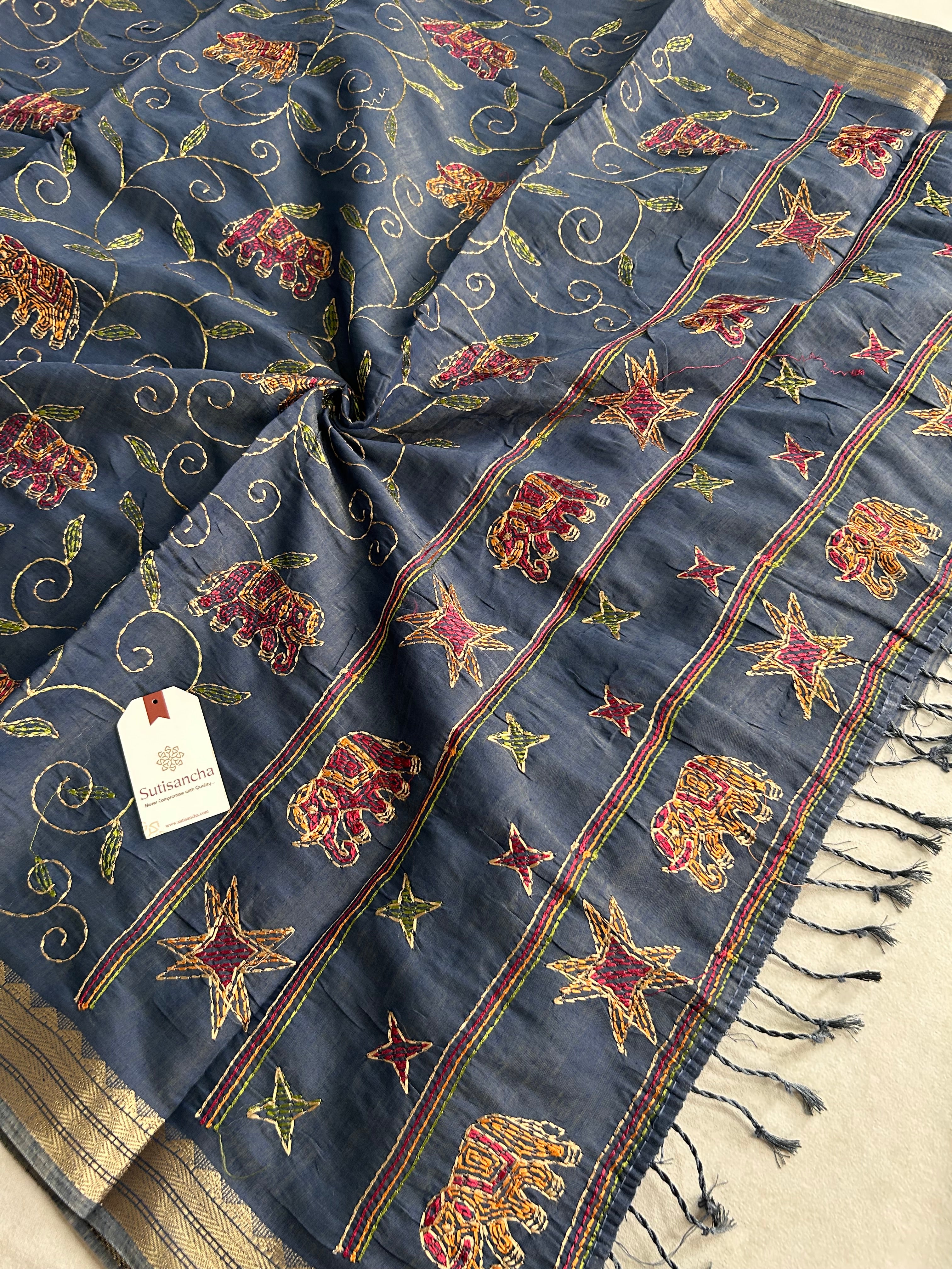 Gajini Heritage Cotton Saree Elephant Vine Design