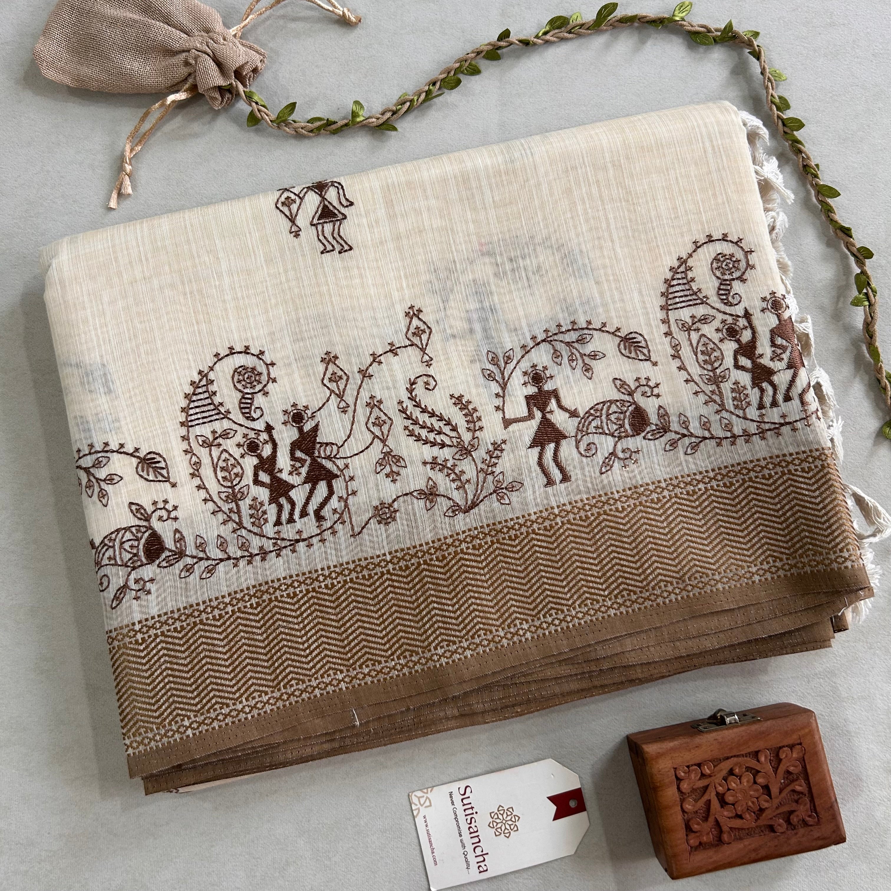 Pushvi Heritage Cotton Saree Folk Story Border Design