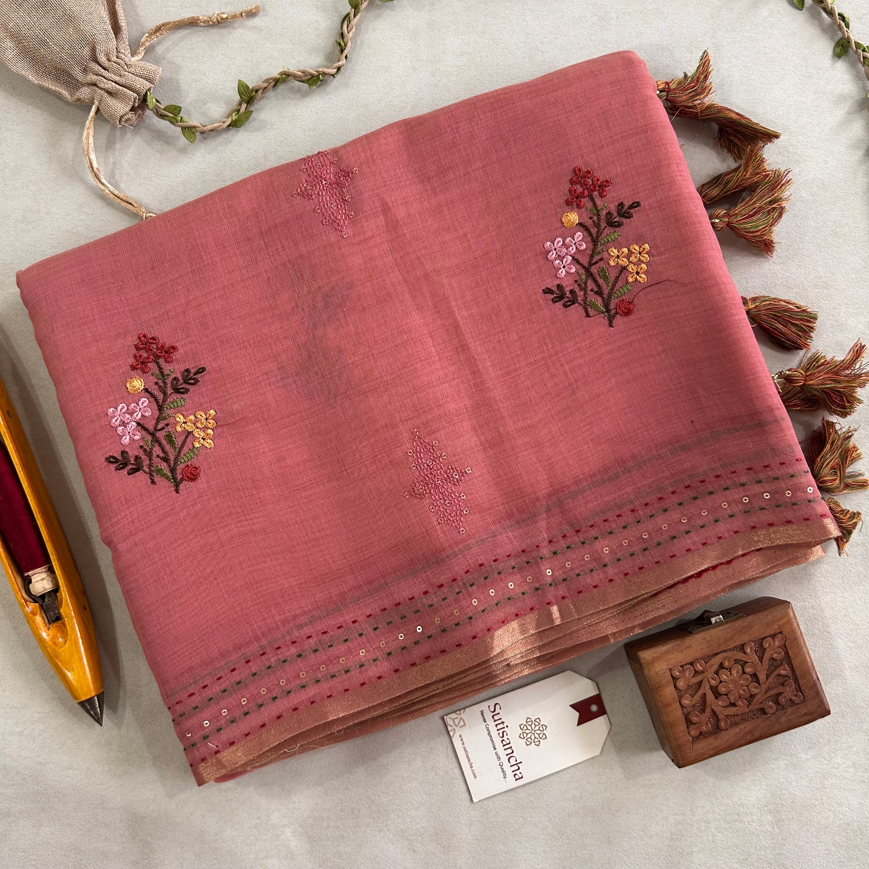 Inaya Heritage Cotton Saree Floral Kantha Pallu Design