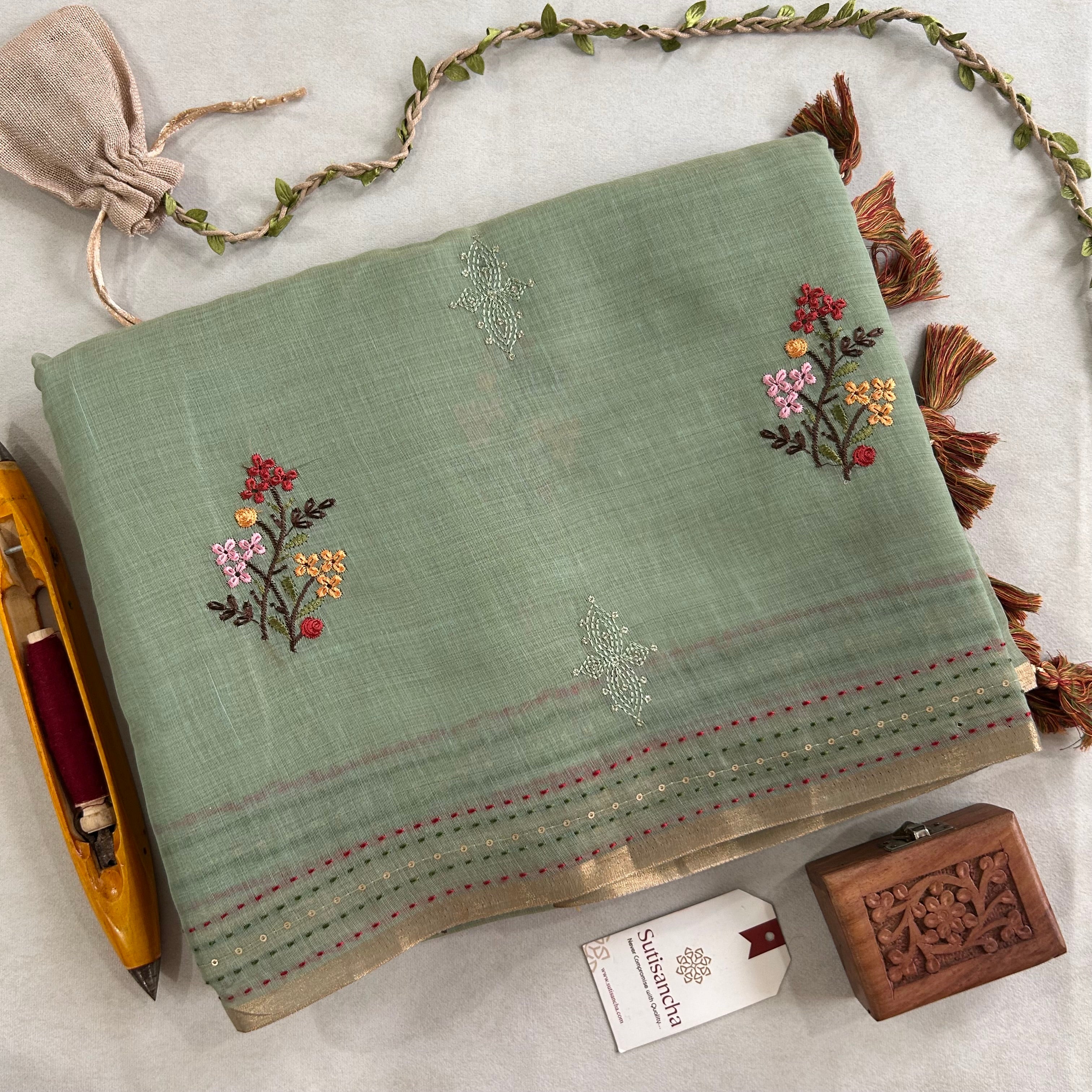 Inaya Heritage Cotton Saree Floral Kantha Pallu Design