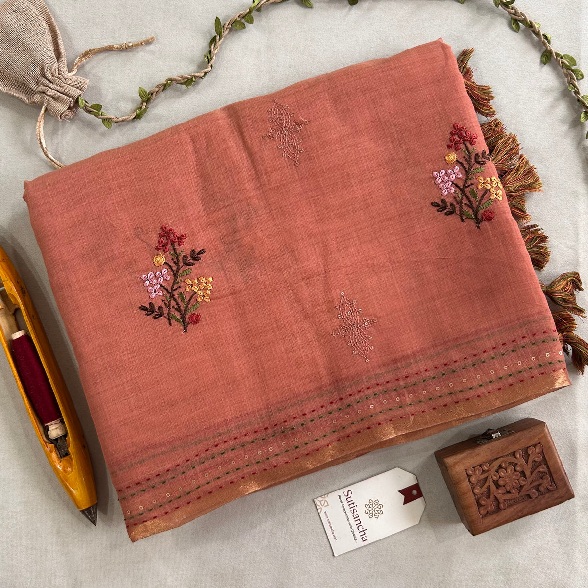 Inaya Heritage Cotton Saree Floral Kantha Pallu Design