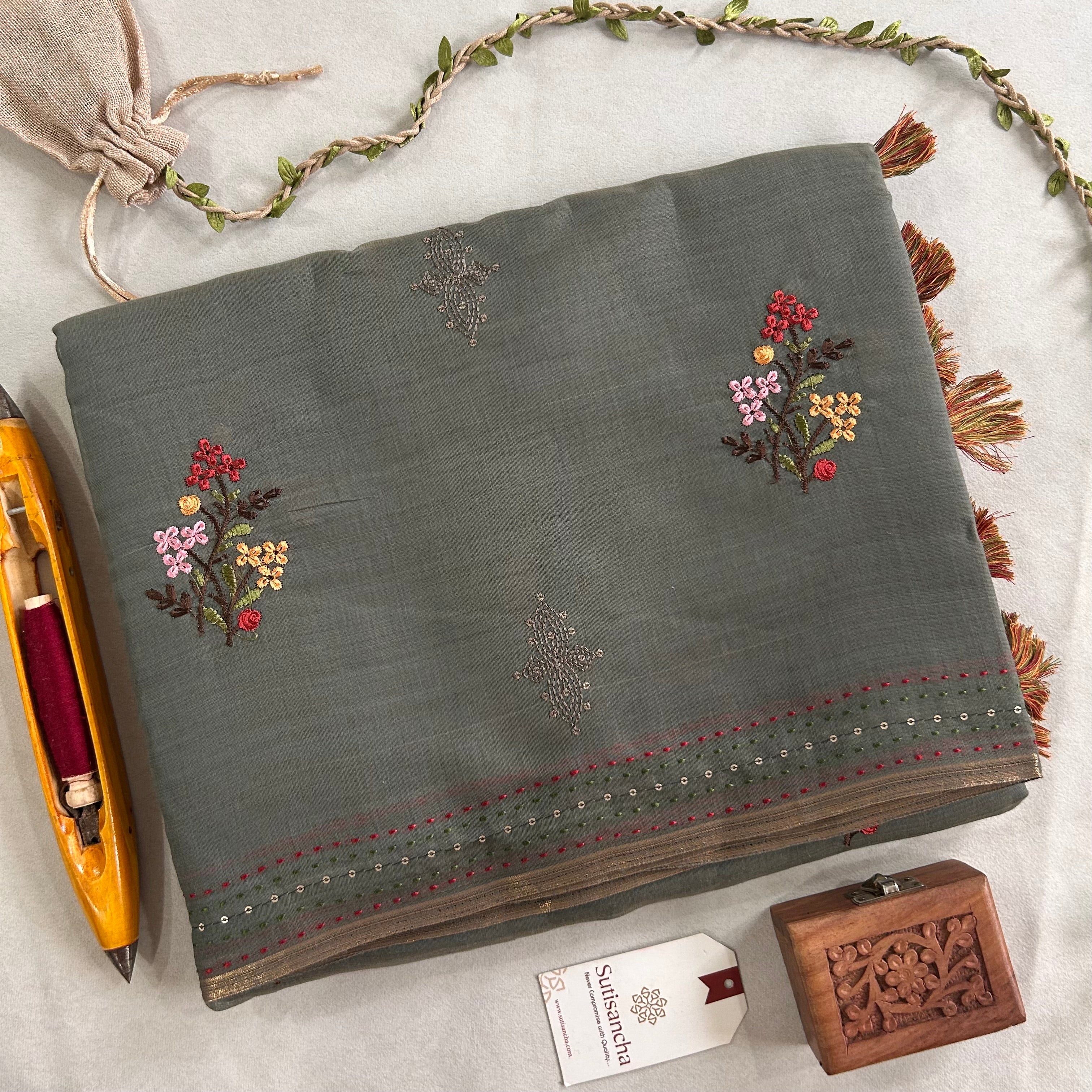 Inaya Heritage Cotton Saree Floral Kantha Pallu Design