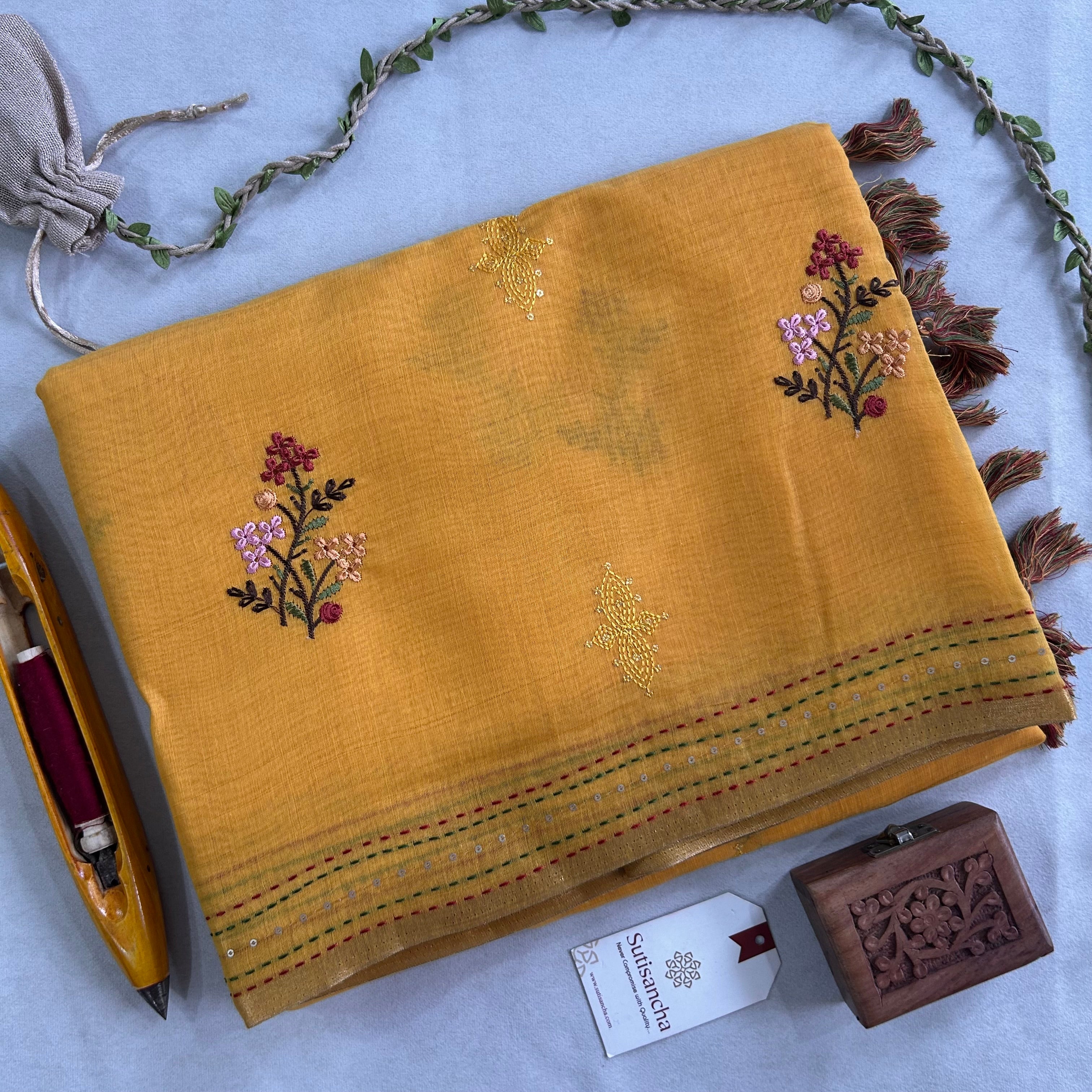 Inaya Heritage Cotton Saree Floral Kantha Pallu Design