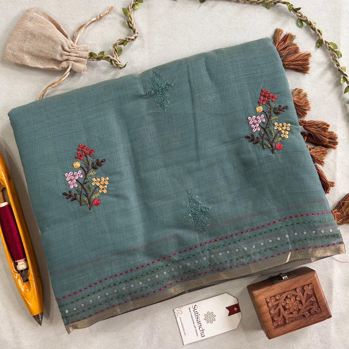 Inaya Heritage Cotton Saree Floral Kantha Pallu Design