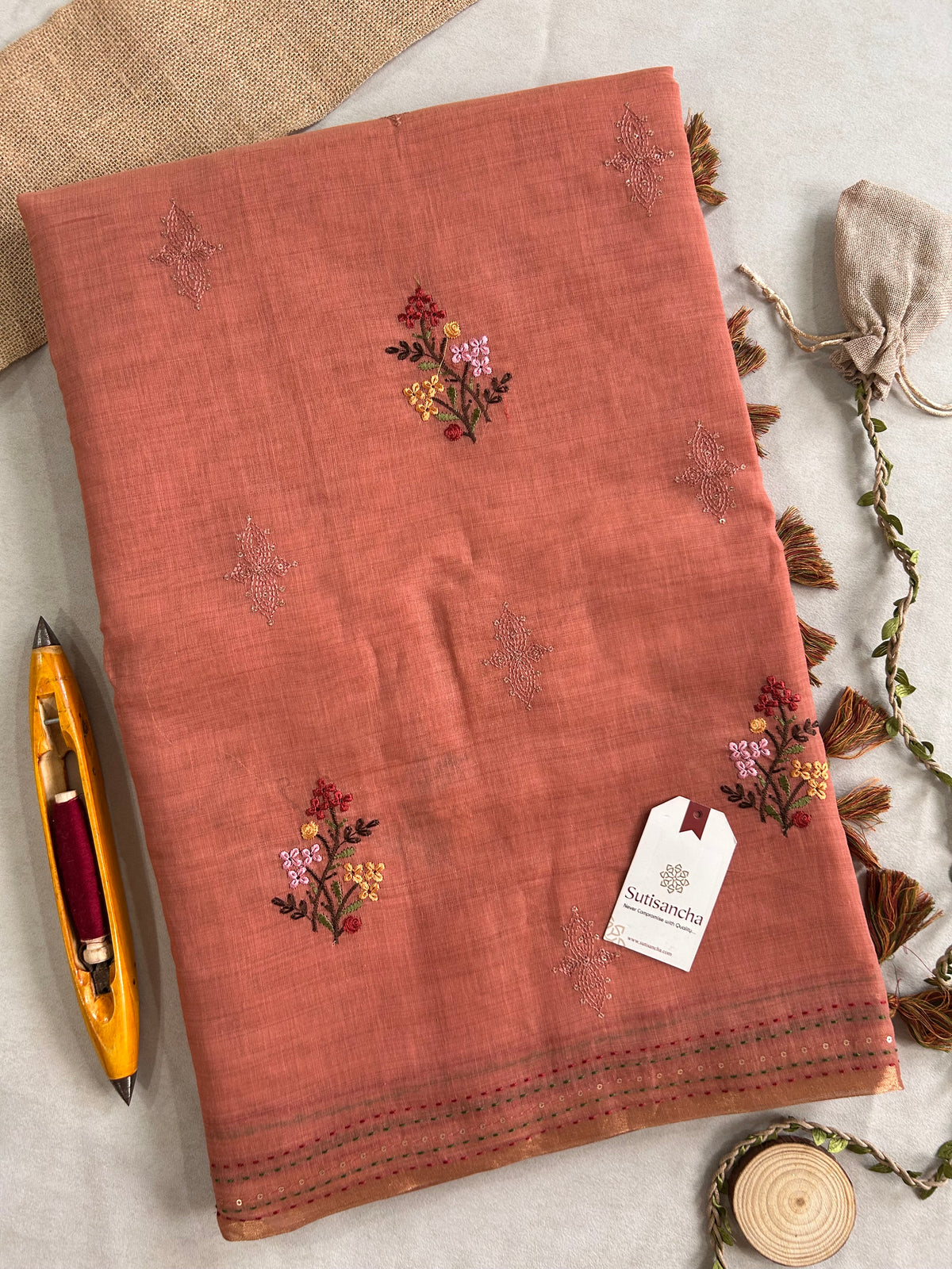 Inaya Heritage Cotton Saree Floral Kantha Pallu Design