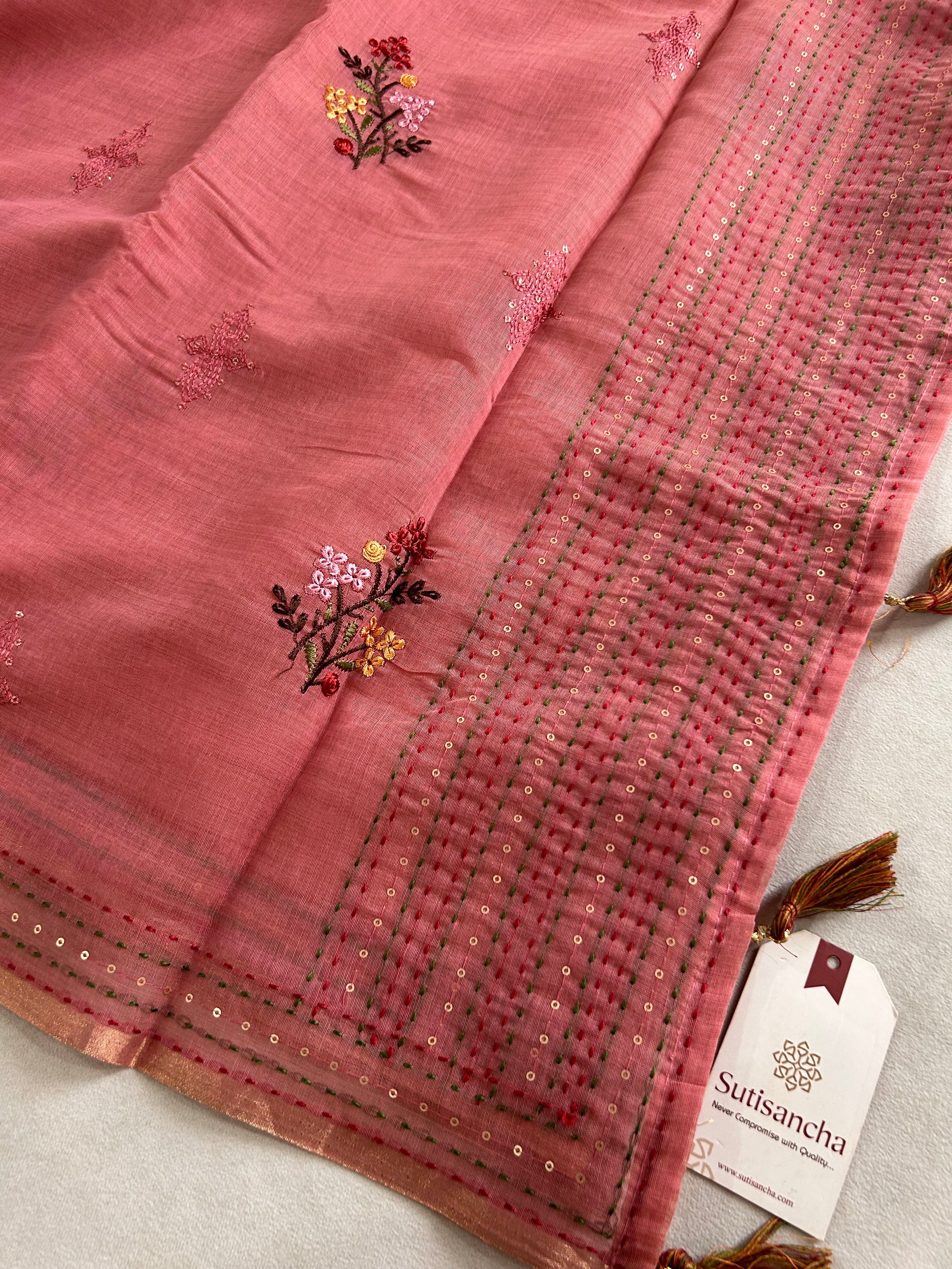 Inaya Heritage Cotton Saree Floral Kantha Pallu Design