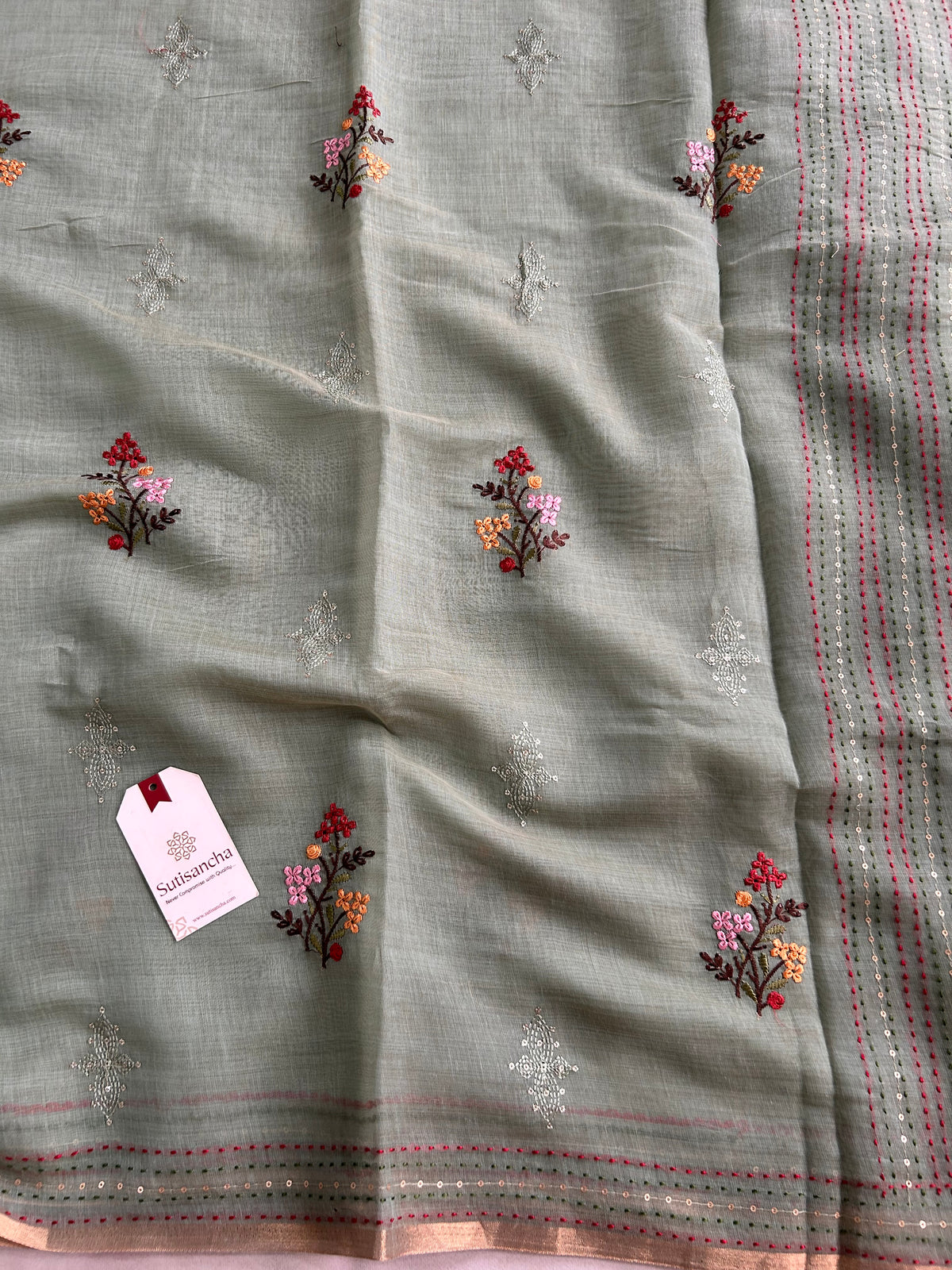 Inaya Heritage Cotton Saree Floral Kantha Pallu Design