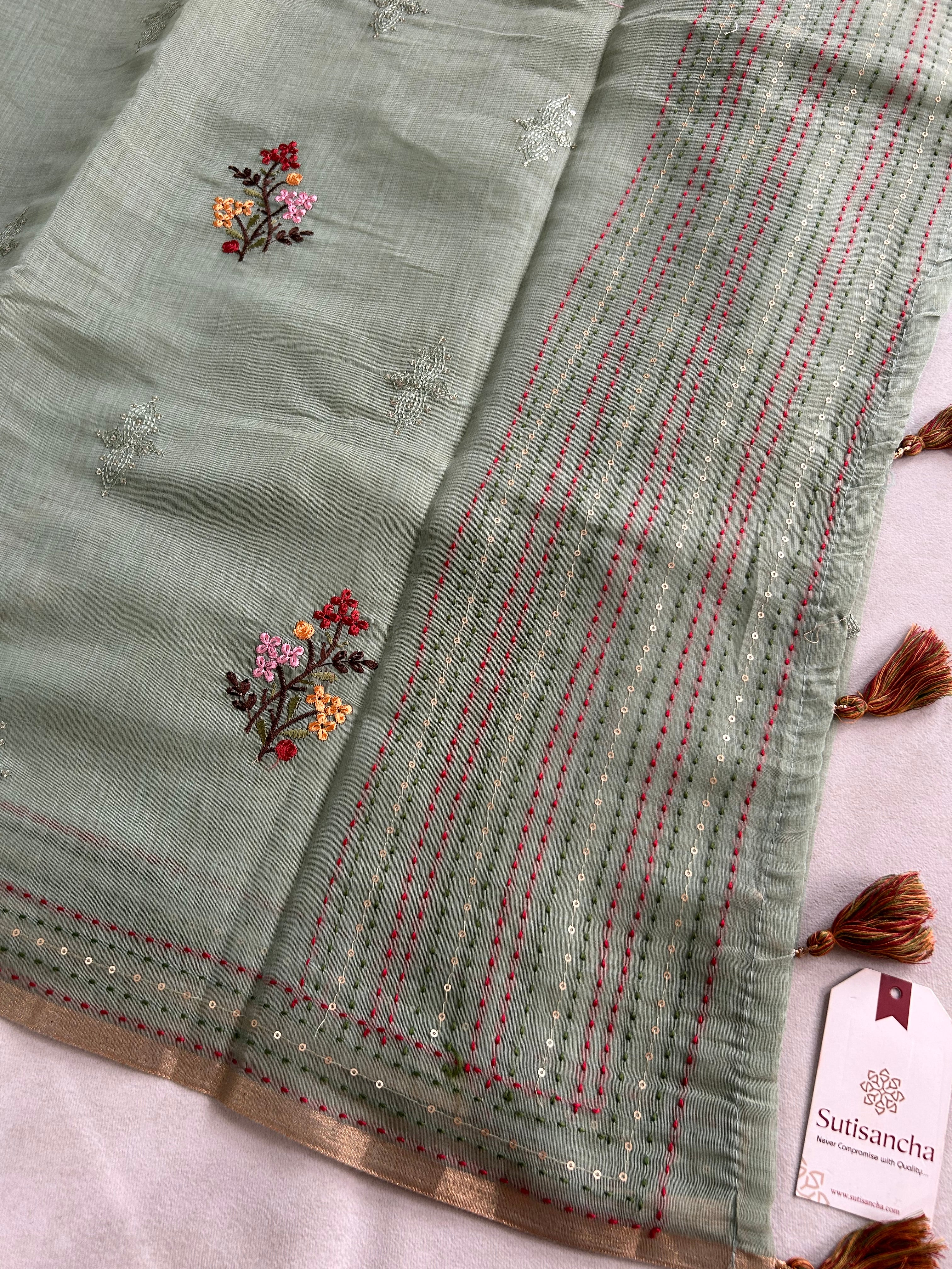 Inaya Heritage Cotton Saree Floral Kantha Pallu Design