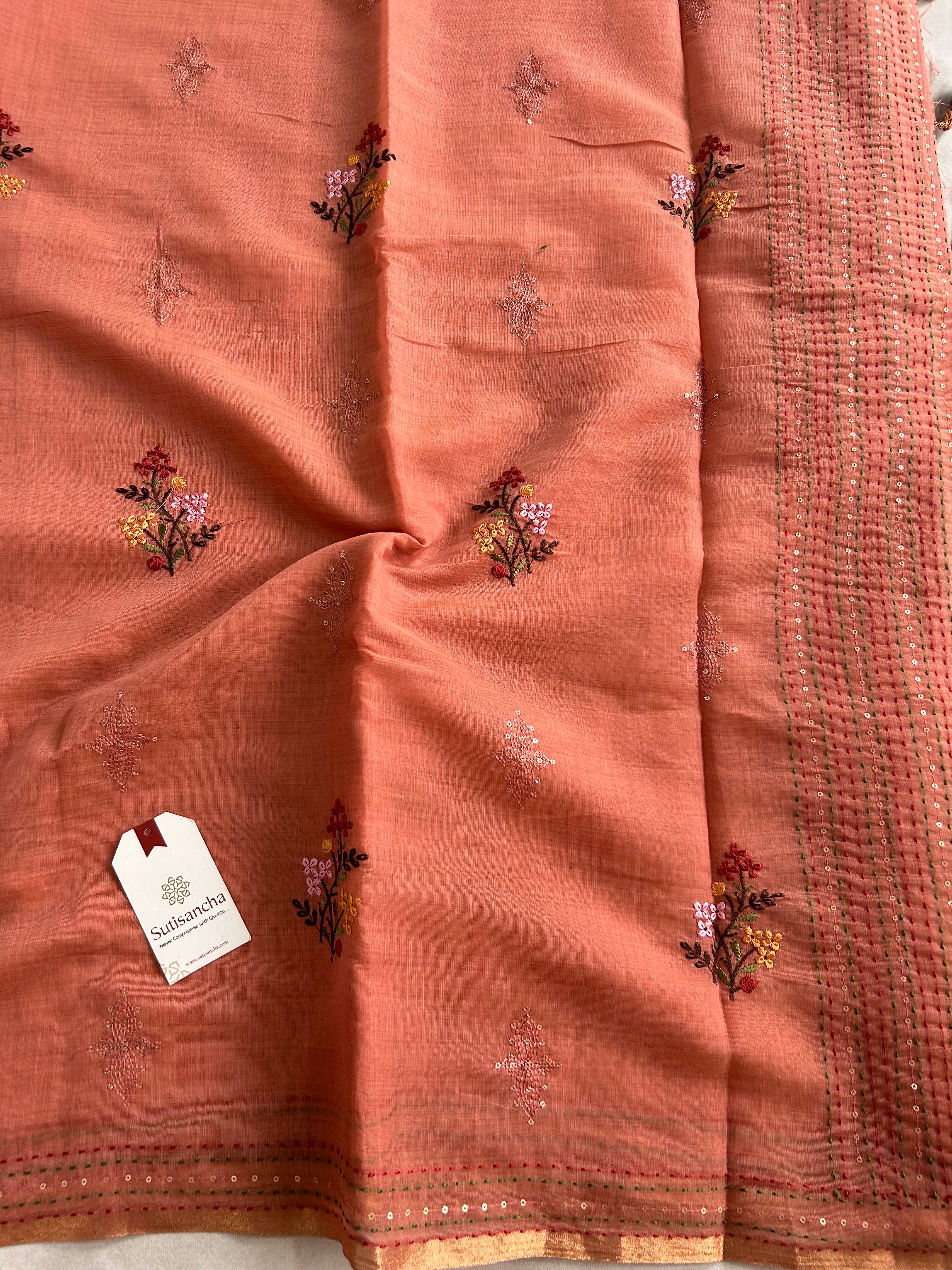 Inaya Heritage Cotton Saree Floral Kantha Pallu Design