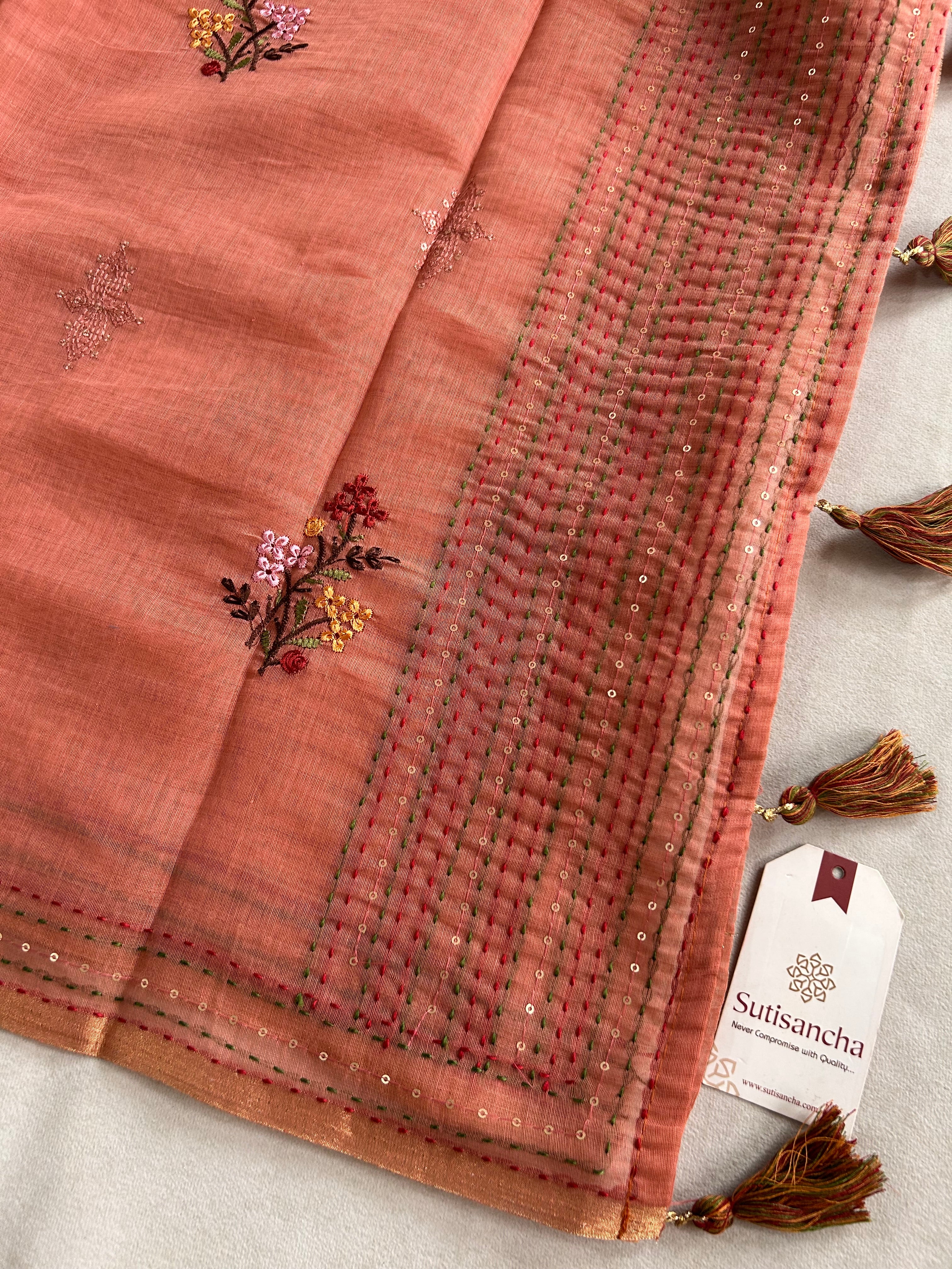 Inaya Heritage Cotton Saree Floral Kantha Pallu Design
