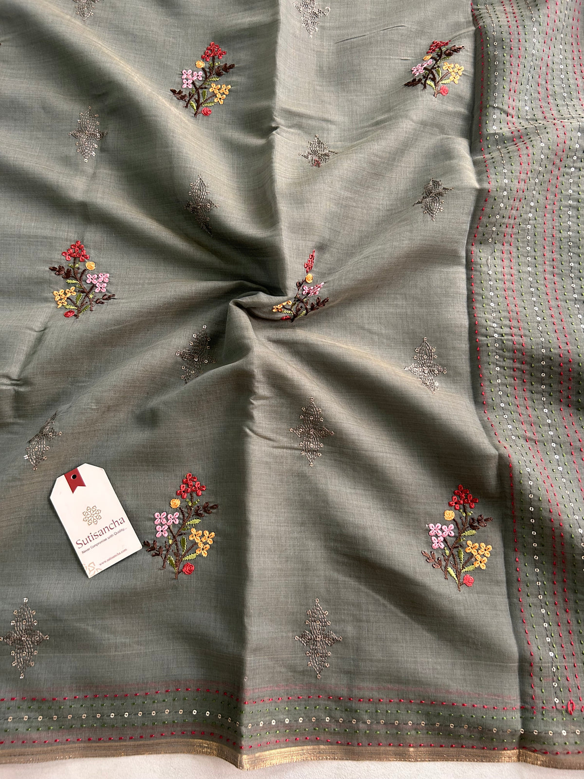 Inaya Heritage Cotton Saree Floral Kantha Pallu Design
