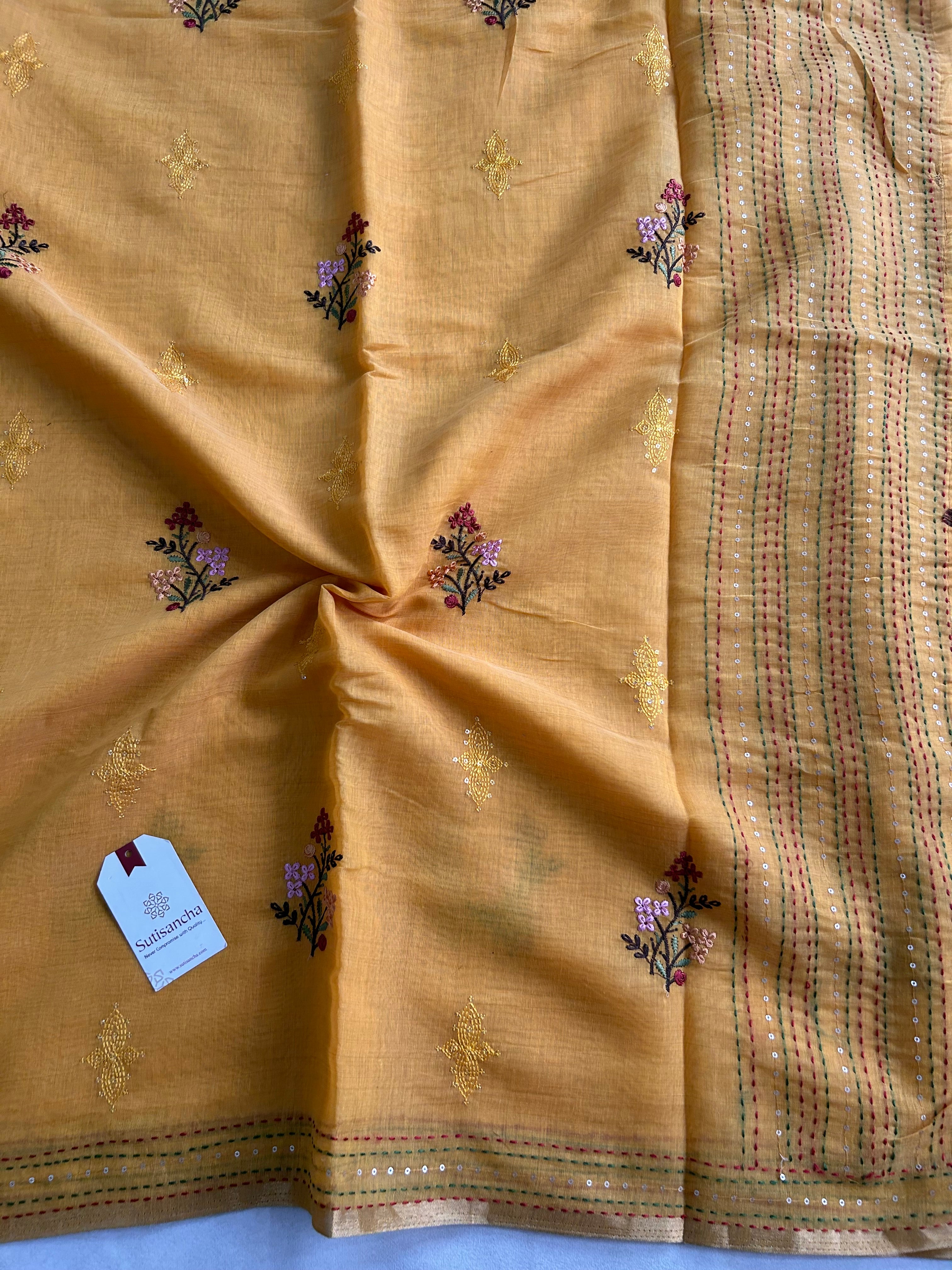 Inaya Heritage Cotton Saree Floral Kantha Pallu Design