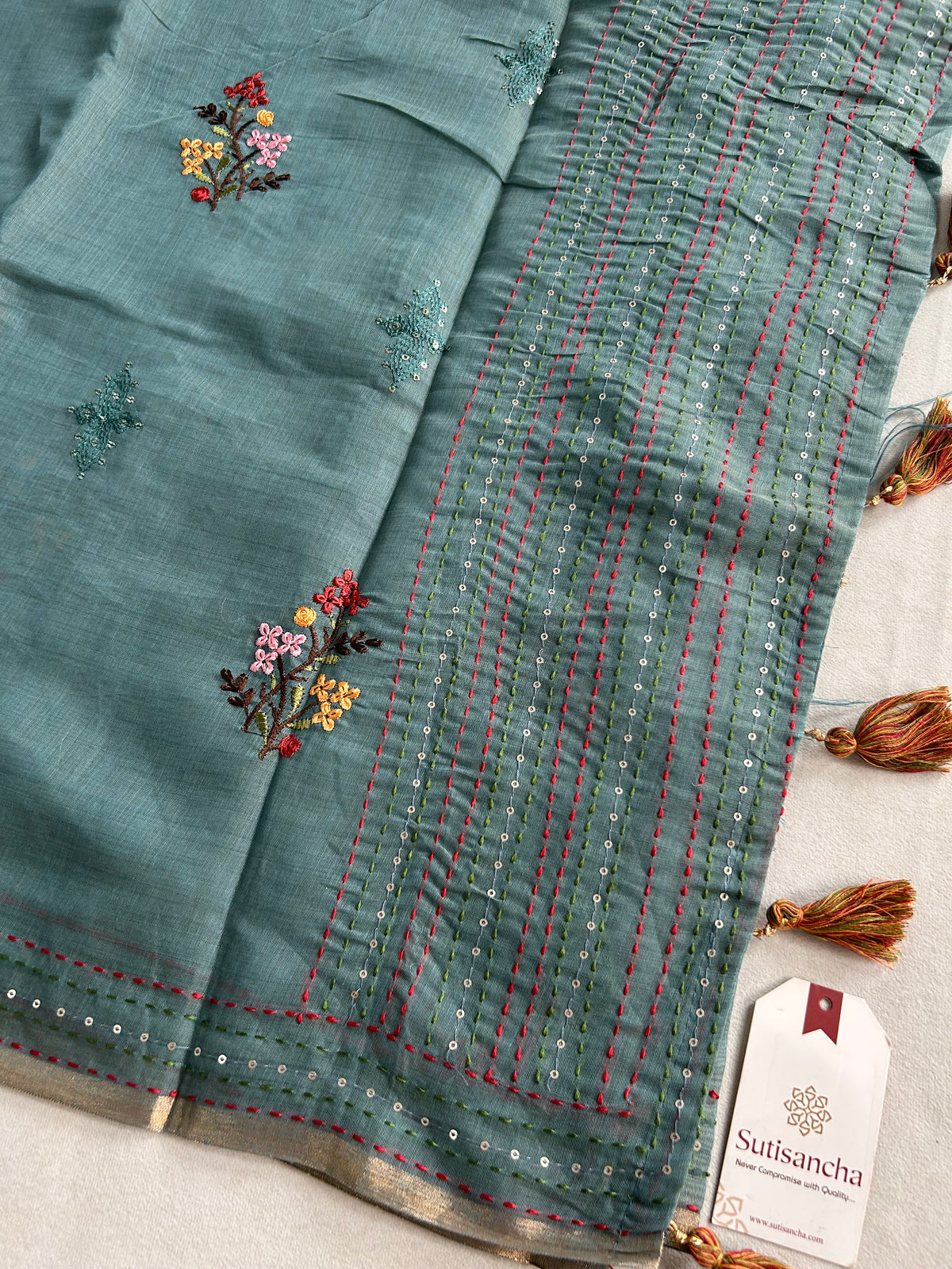 Inaya Heritage Cotton Saree Floral Kantha Pallu Design