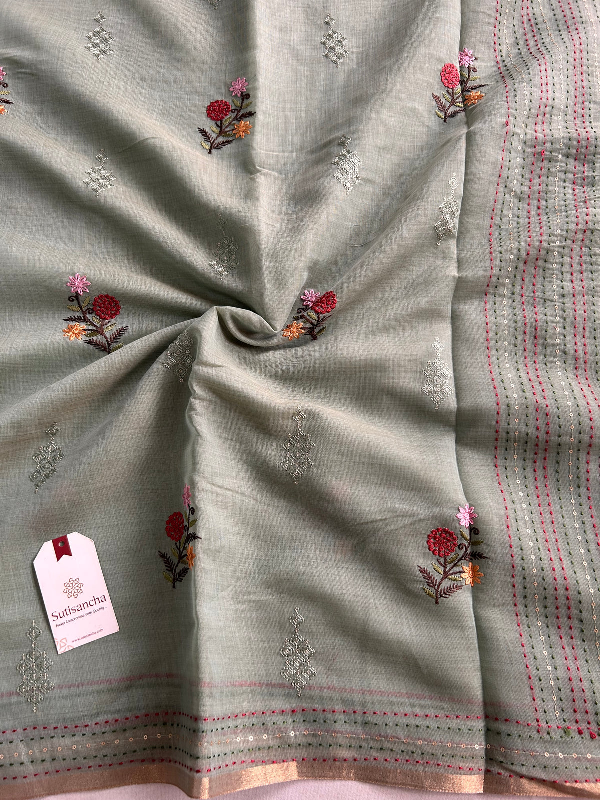 Rivaa Heritage Cotton Saree Floral Kantha Pallu Design