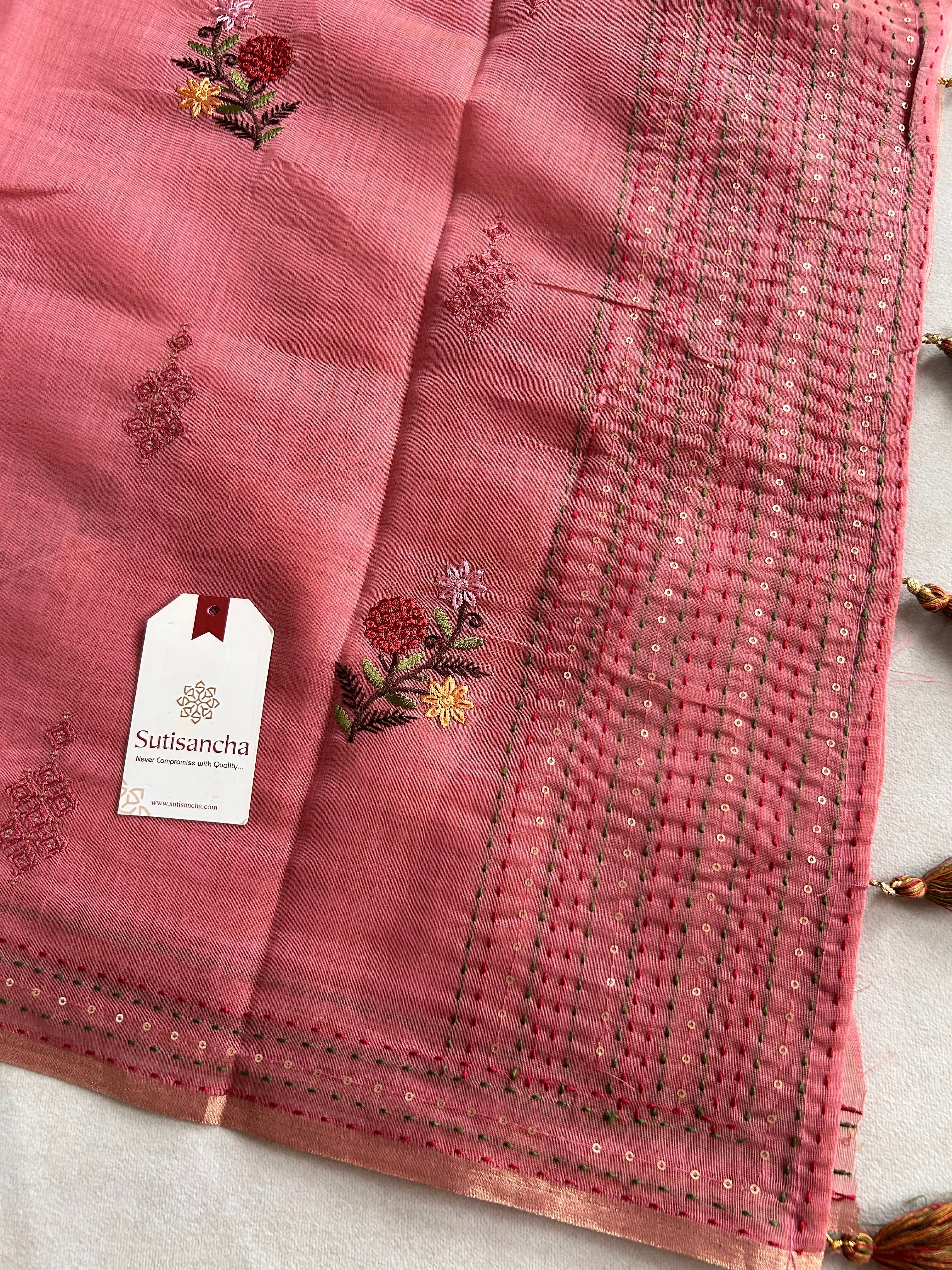 Rivaa Heritage Cotton Saree Floral Kantha Pallu Design
