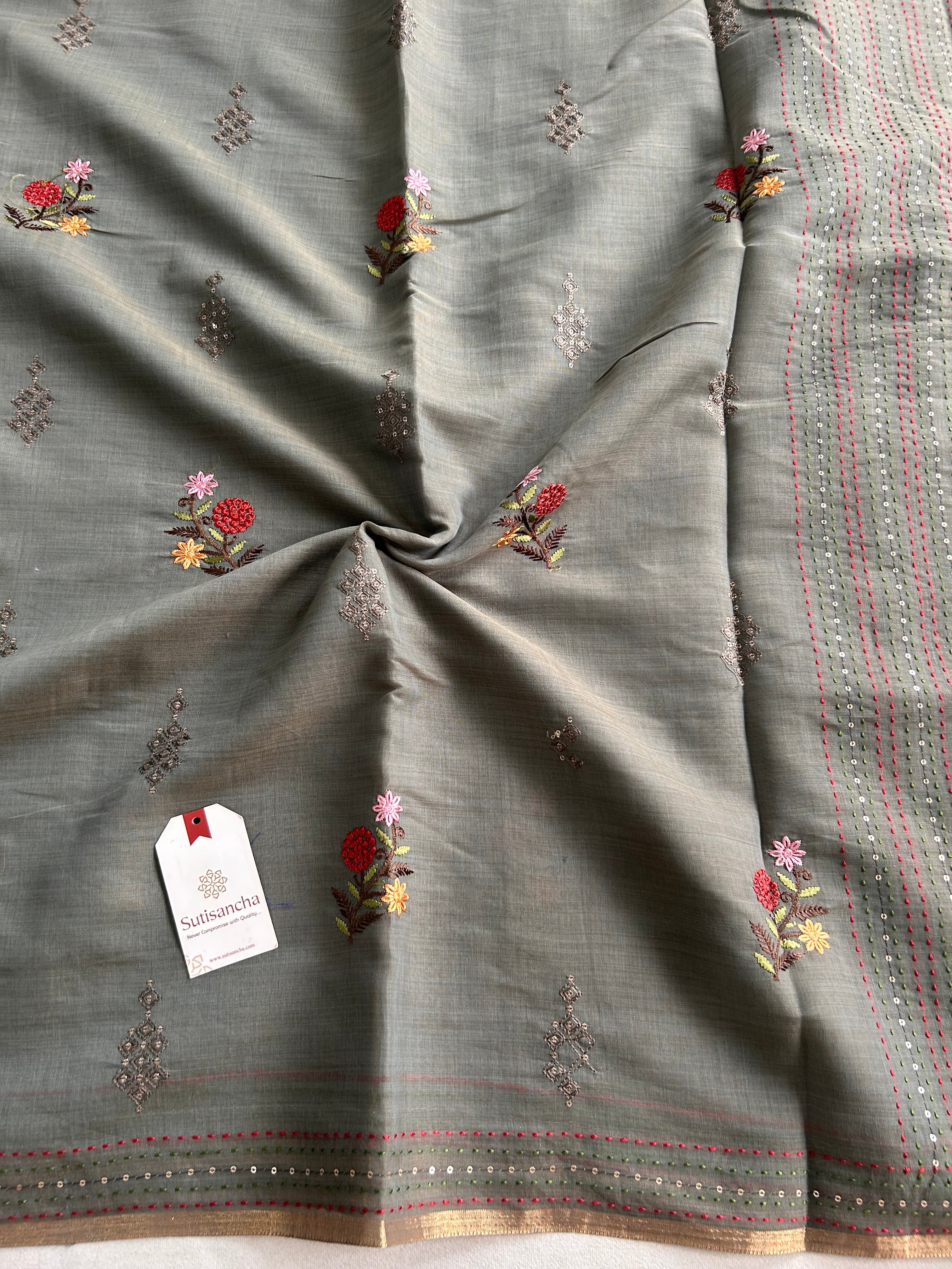 Rivaa Heritage Cotton Saree Floral Kantha Pallu Design