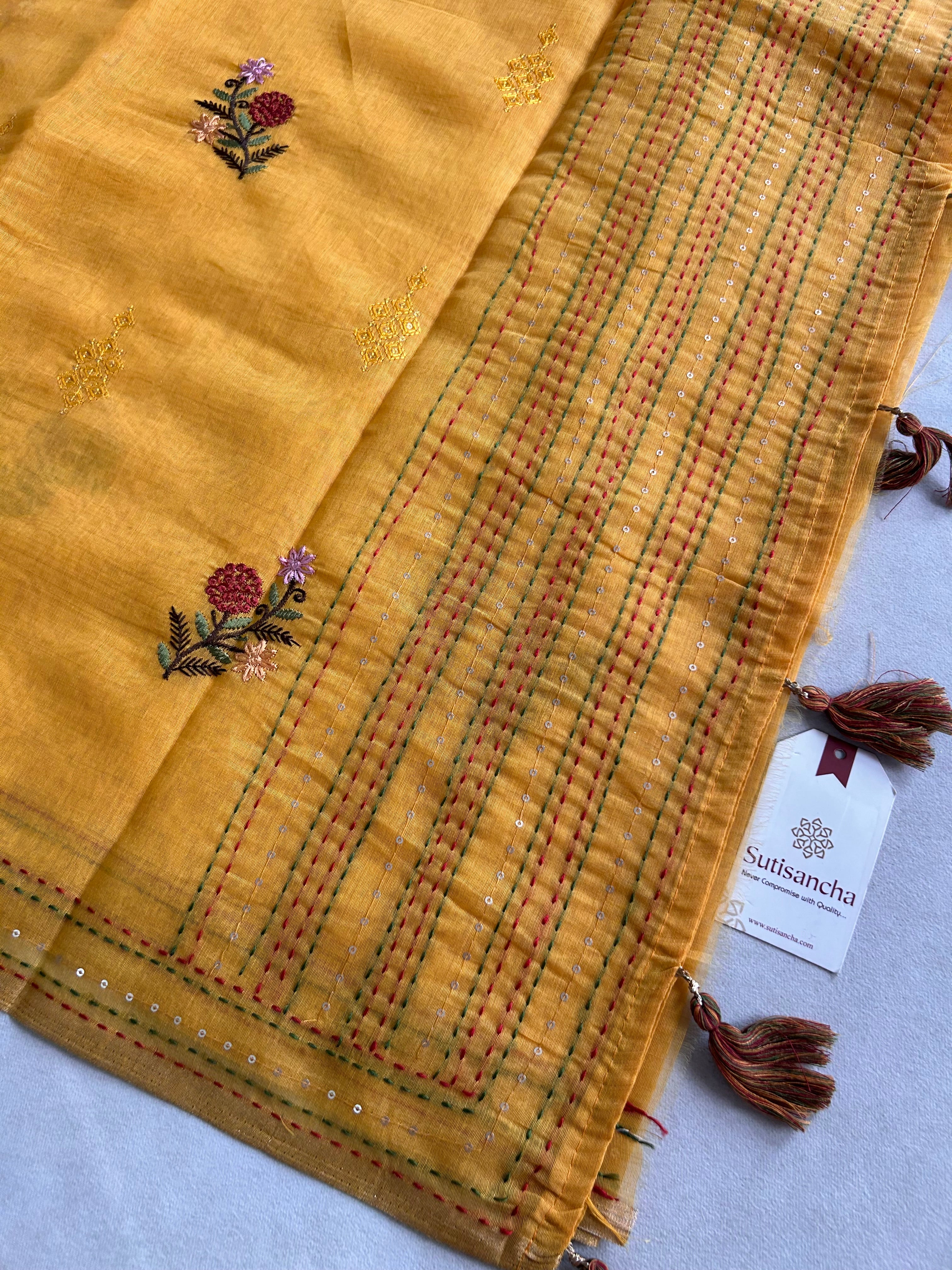 Rivaa Heritage Cotton Saree Floral Kantha Pallu Design