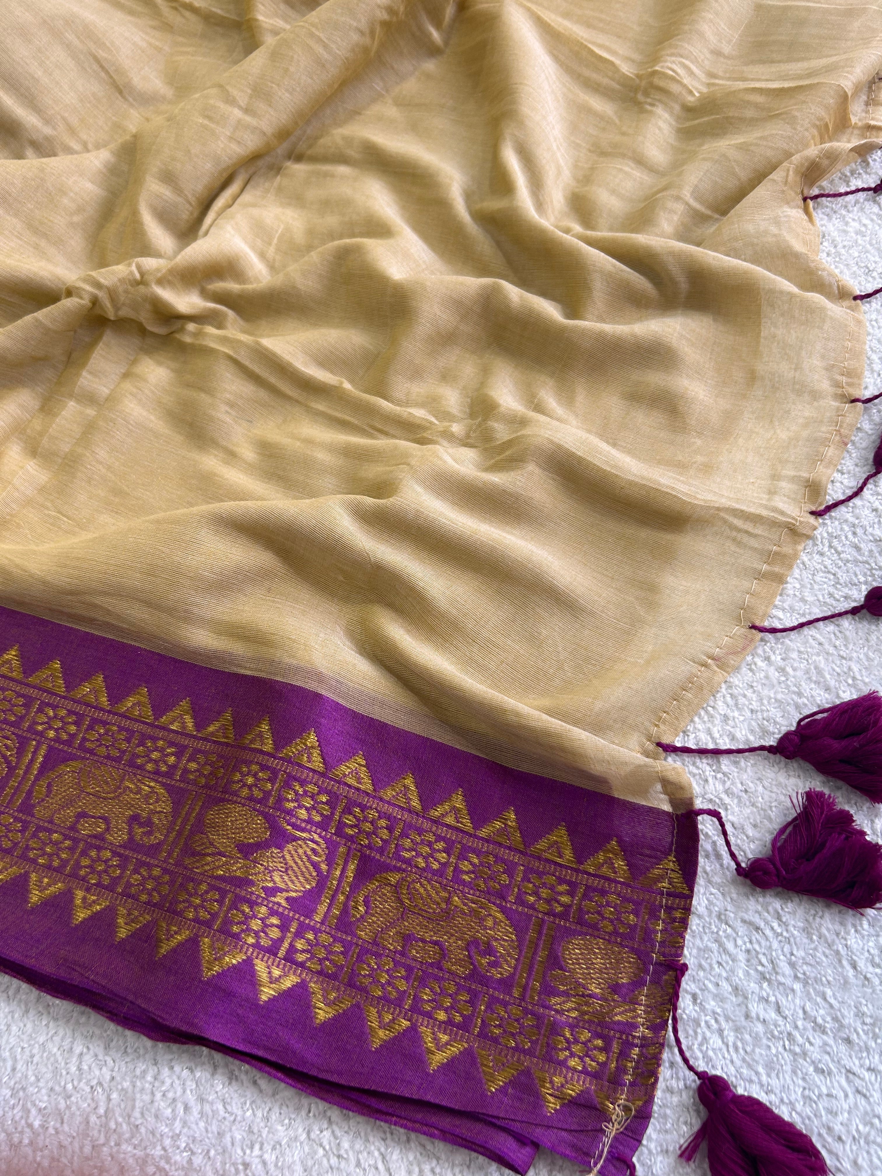 Mulaya Heritage Mul Cotton Saree Ornamental Contrast Border