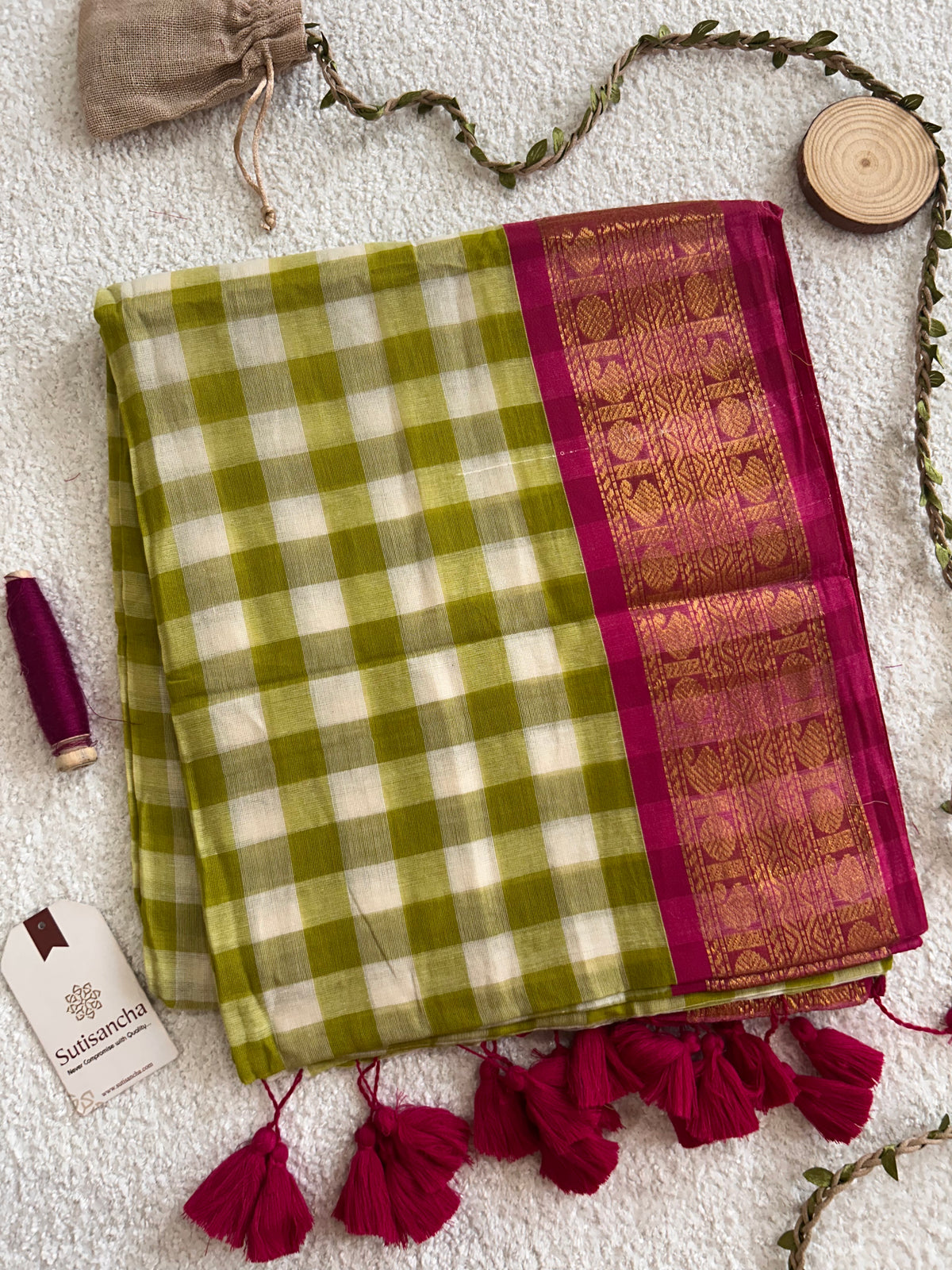 Mulaya Heritage Mul Cotton Saree Gingham Zari Border