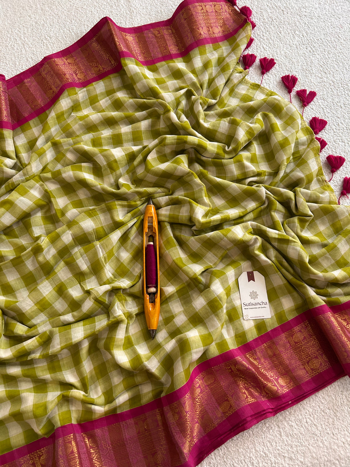 Mulaya Heritage Mul Cotton Saree Gingham Zari Border