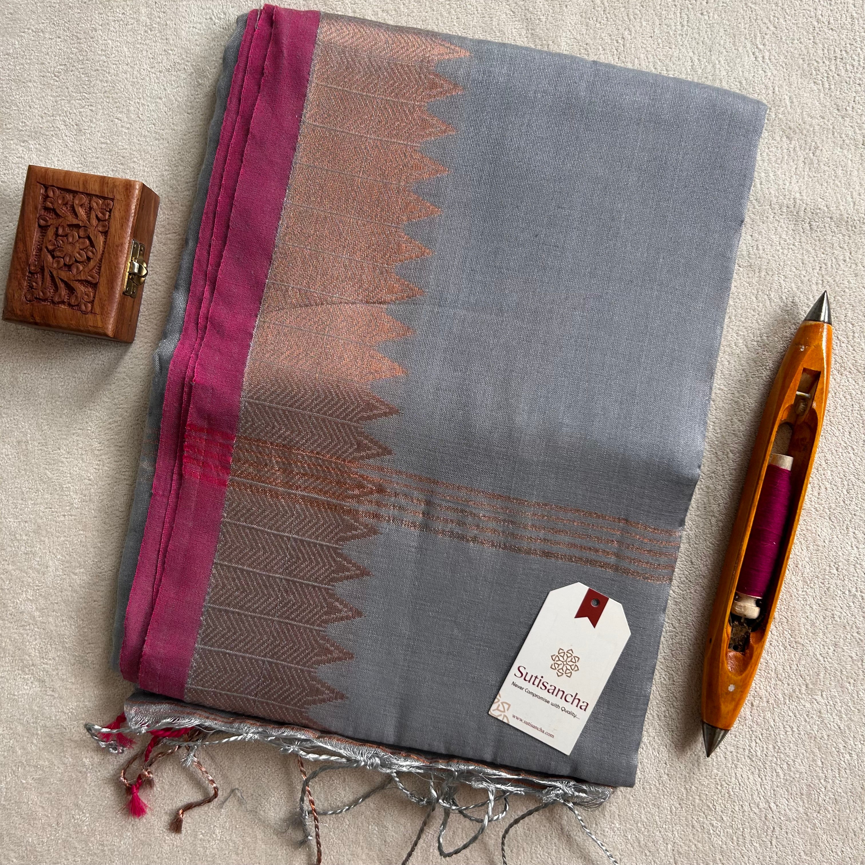 Sutisancha Metal Gray Handloom Designer Tissue Saree