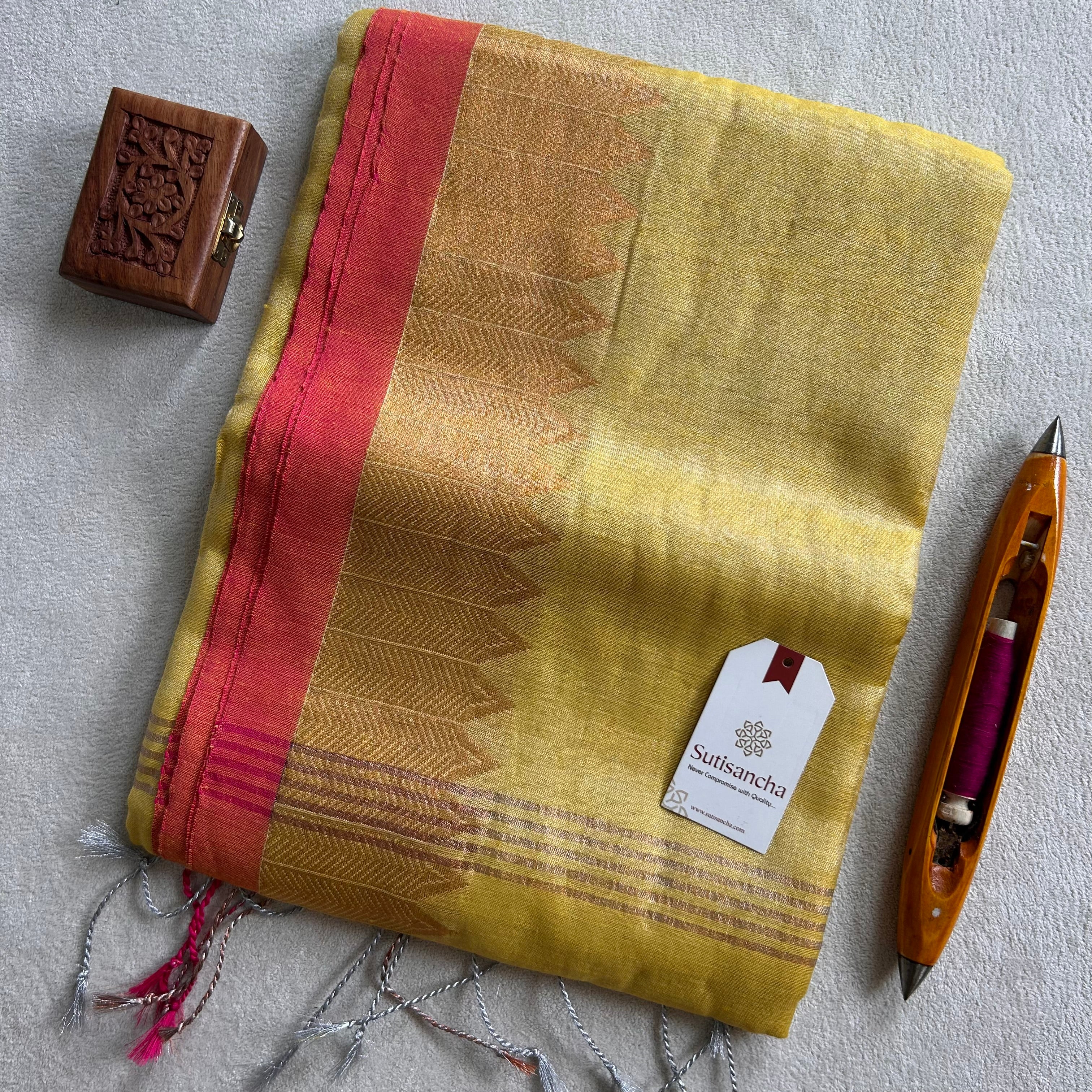 Sutisancha Yellow Handloom Designer Tissue Saree