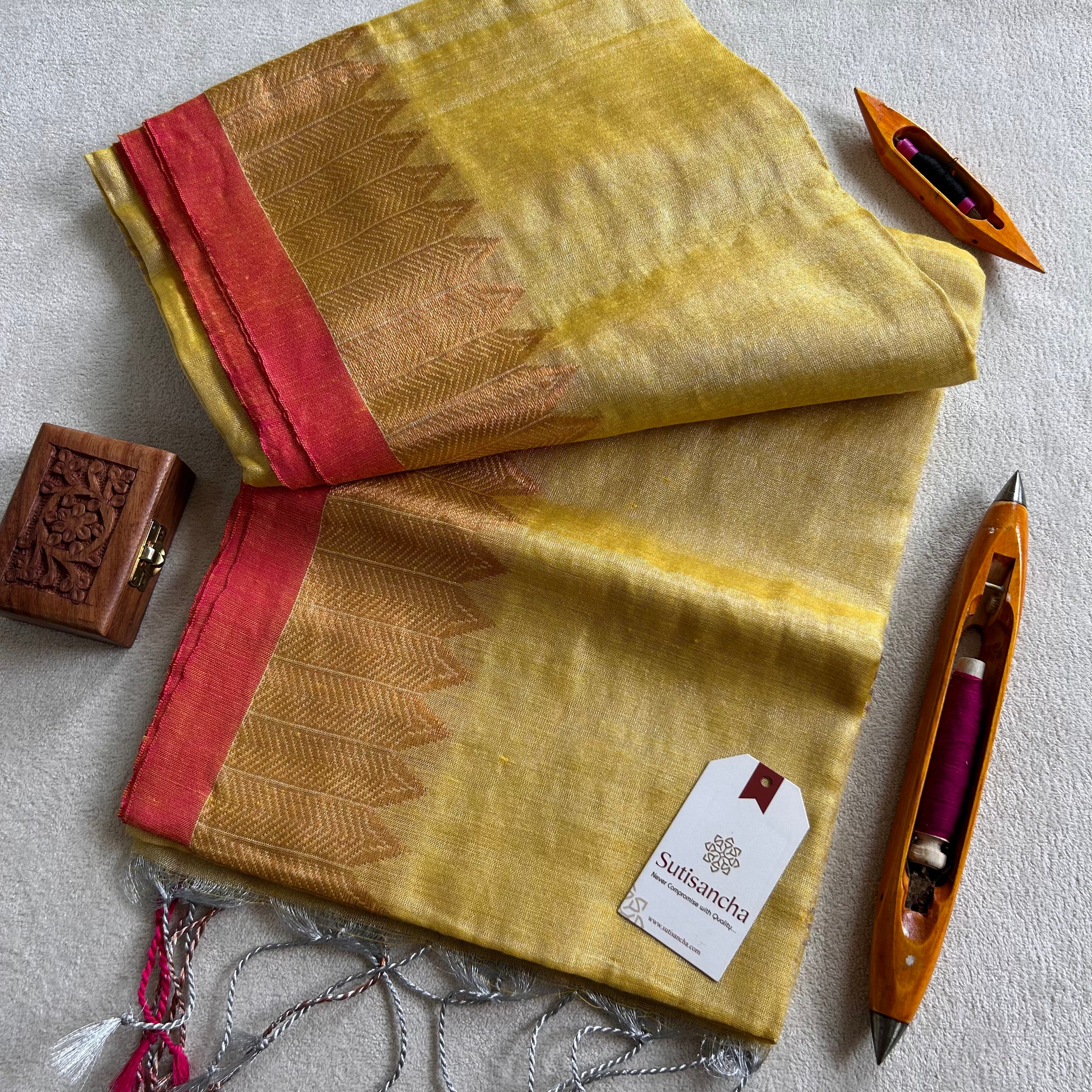 Sutisancha Yellow Handloom Designer Tissue Saree