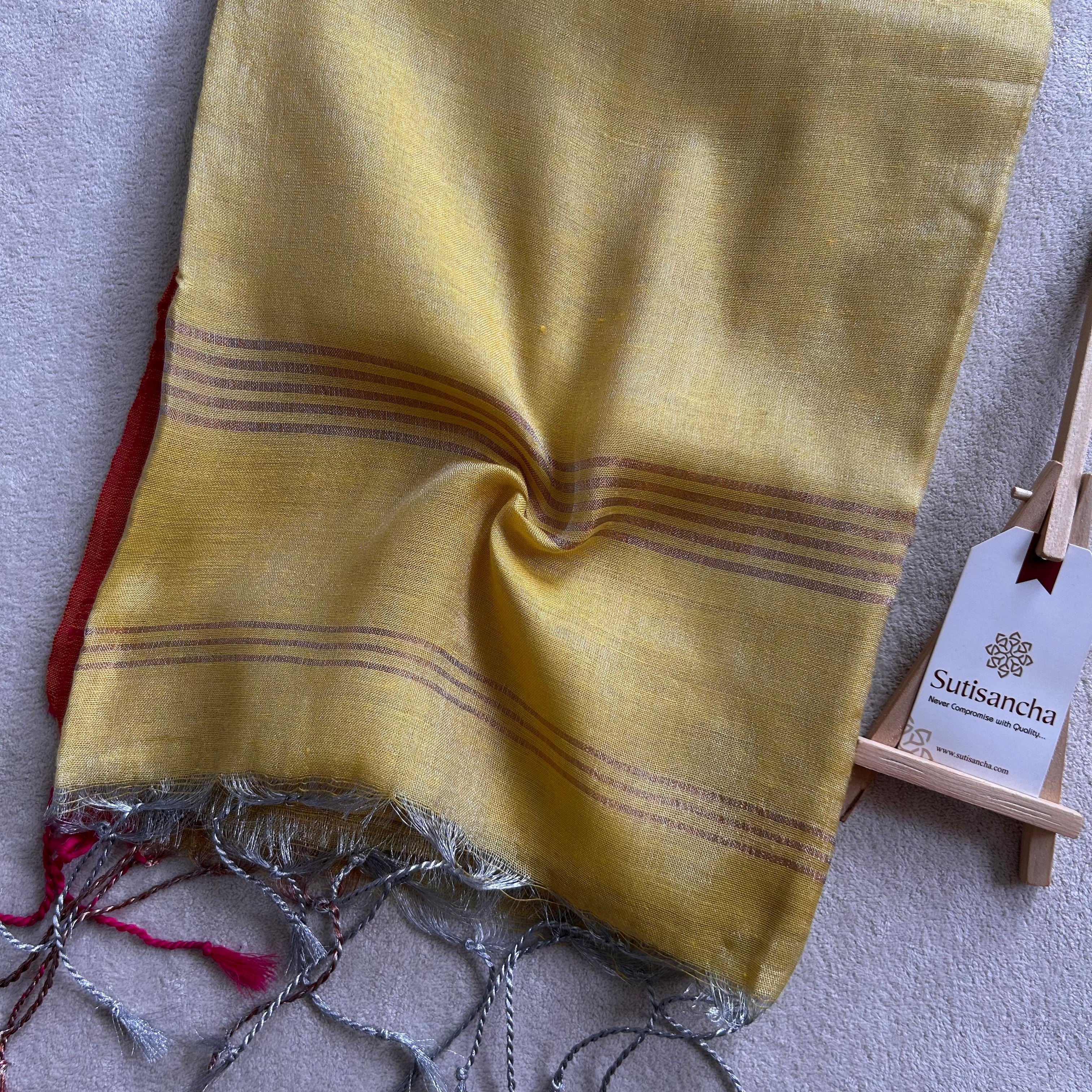 Sutisancha Yellow Handloom Designer Tissue Saree