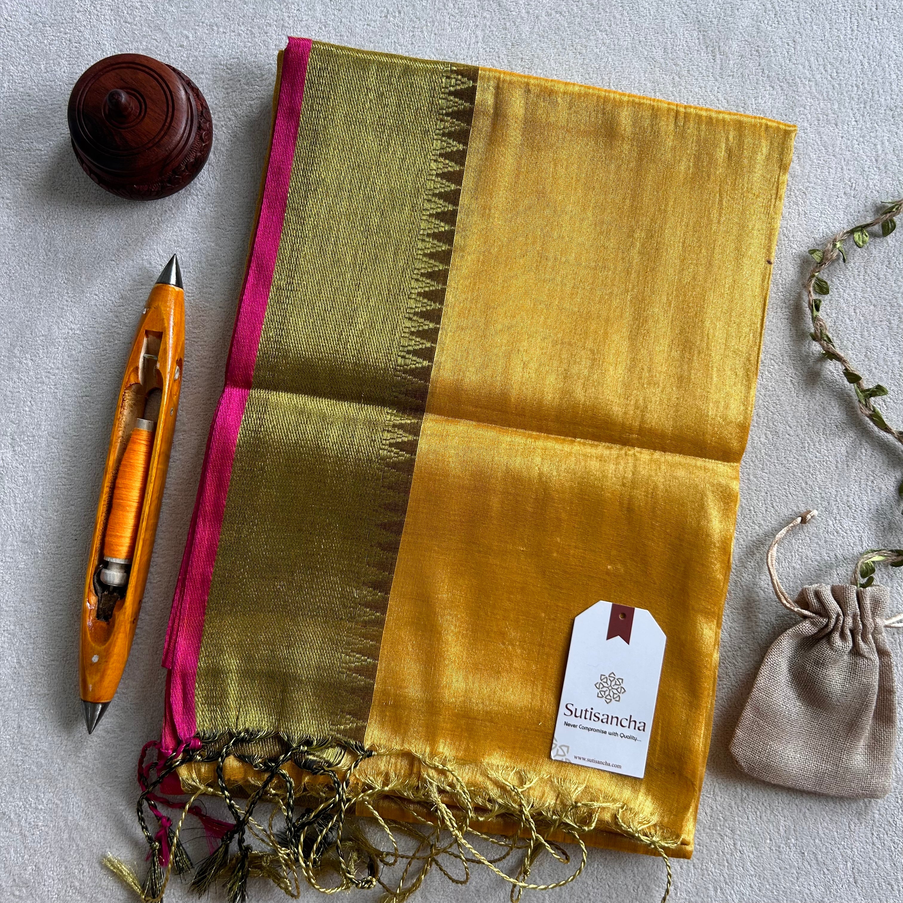 Sutisancha Yellow Handloom Tissue Saree