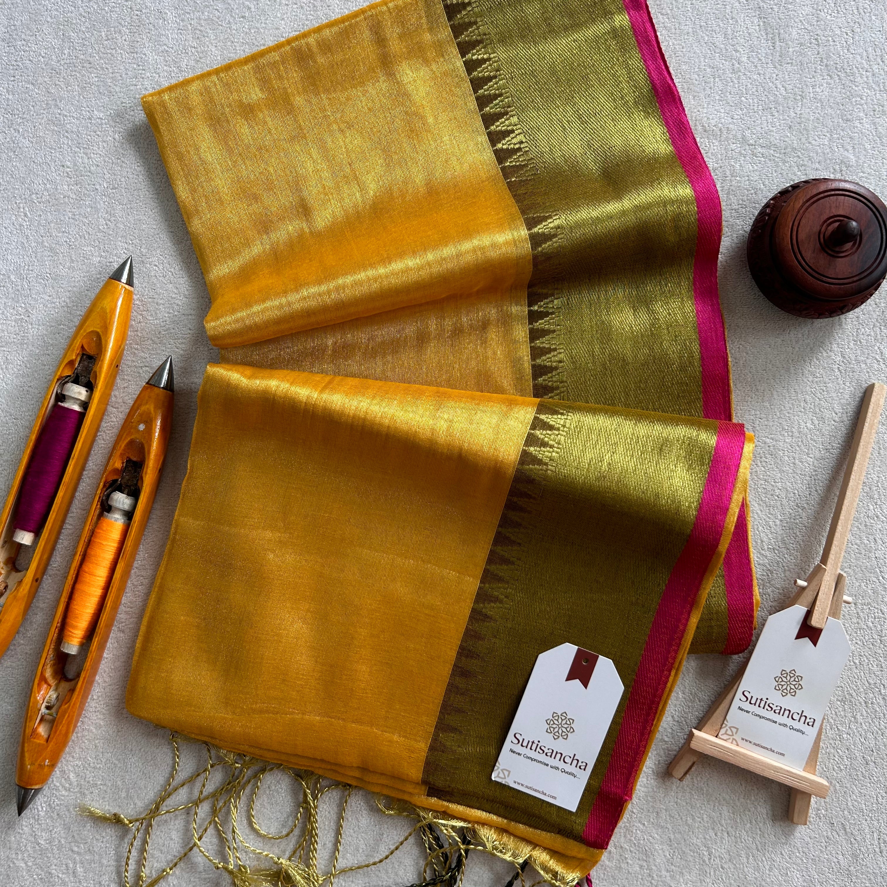 Sutisancha Yellow Handloom Tissue Saree