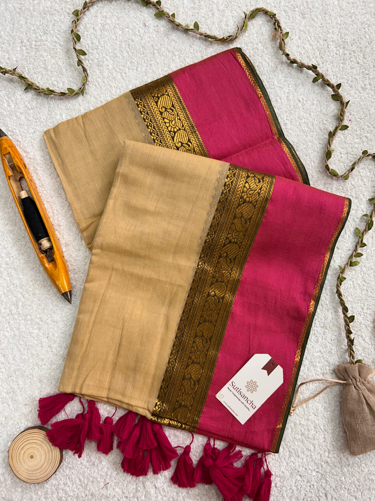 Mulaya Heritage Zari Panel Pure Mul Cotton Saree with Tassel Pallu