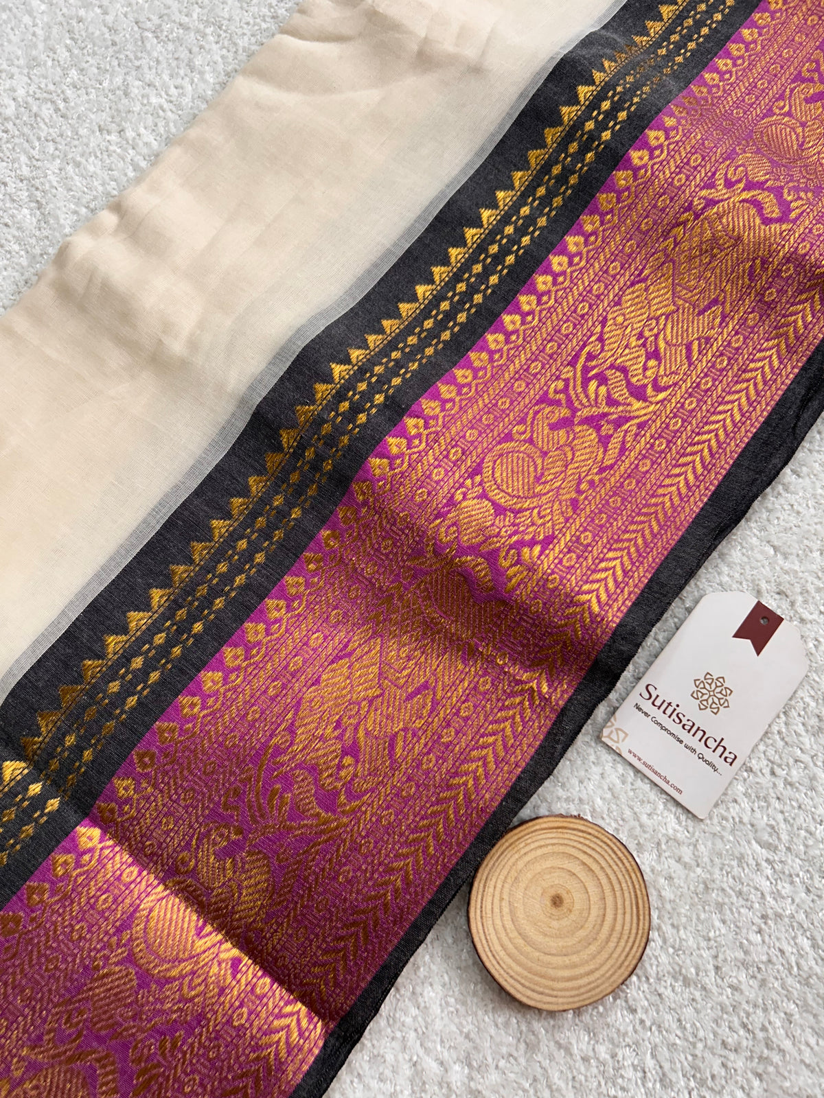 Mulaya Regal Temple Border Pure Mul Cotton Saree with Tassel Pallu