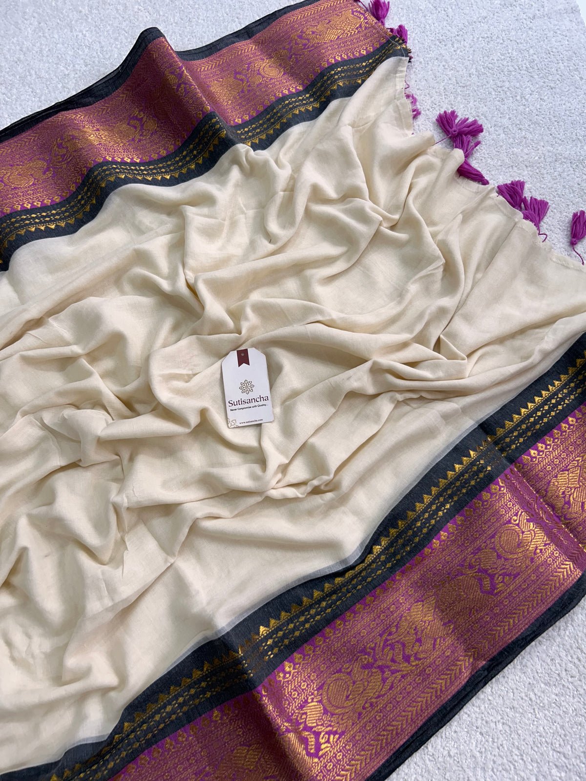 Mulaya Regal Temple Border Pure Mul Cotton Saree with Tassel Pallu