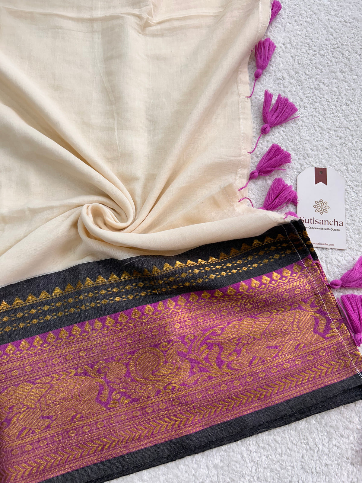 Mulaya Regal Temple Border Pure Mul Cotton Saree with Tassel Pallu