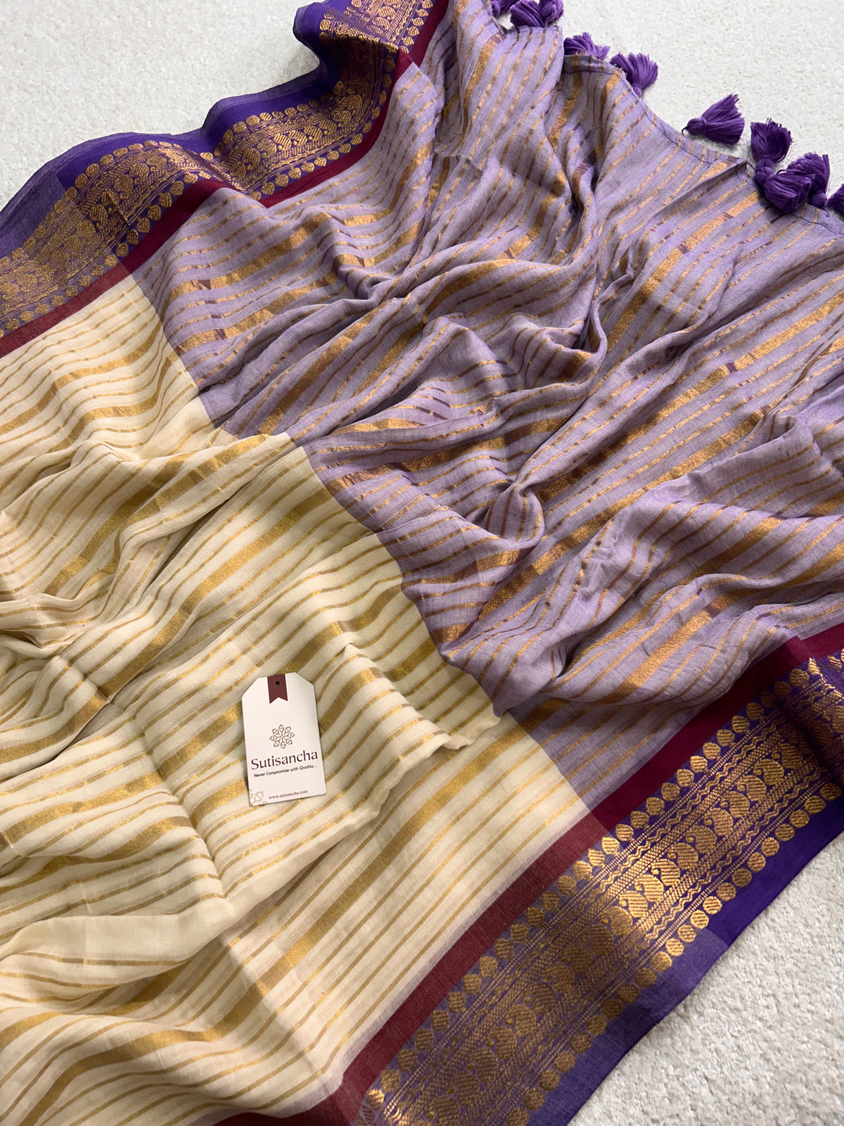 Mulaya Golden Rhythm Pure Mul Cotton Saree with Ornate Zari Borde