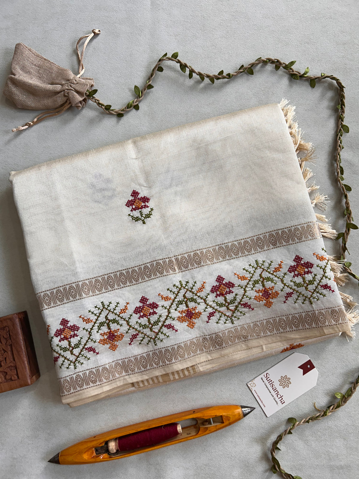 Evara Floral Vine Tussar Cotton Saree with Heritage Border