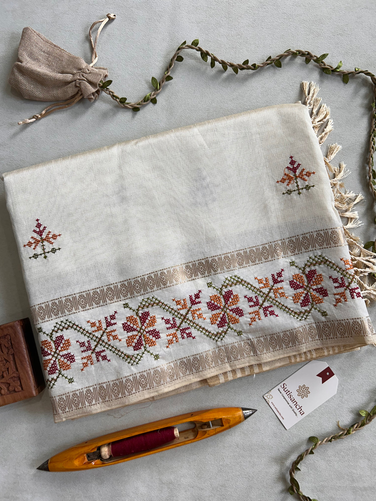 Evara Floral Vine Tussar Cotton Saree with Heritage Border
