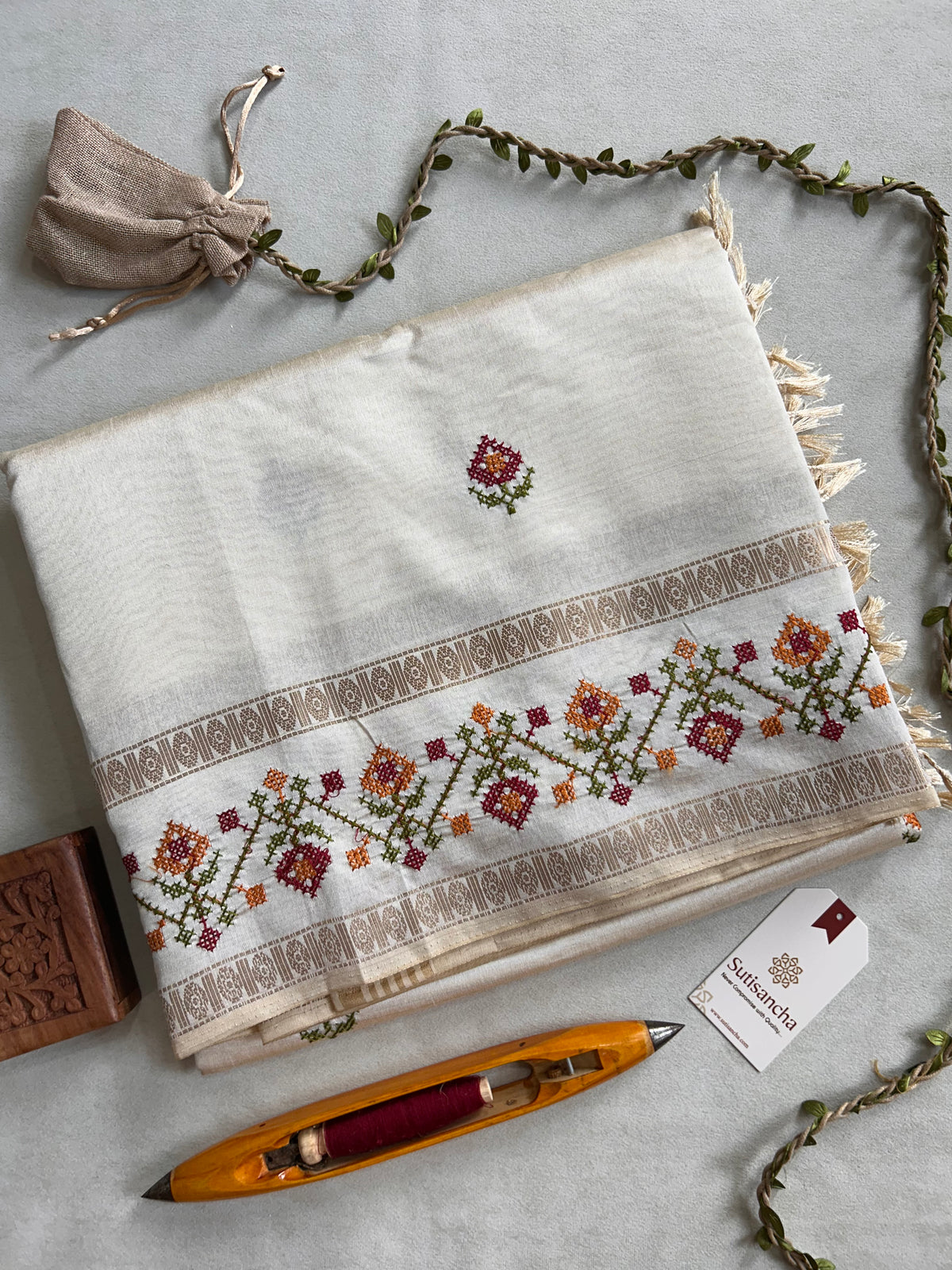 Evara Floral Vine Tussar Cotton Saree with Heritage Border