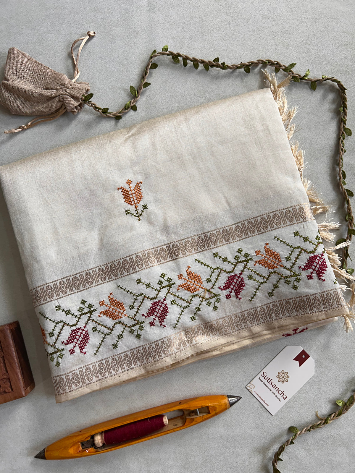 Evara Floral Vine Tussar Cotton Saree with Heritage Border