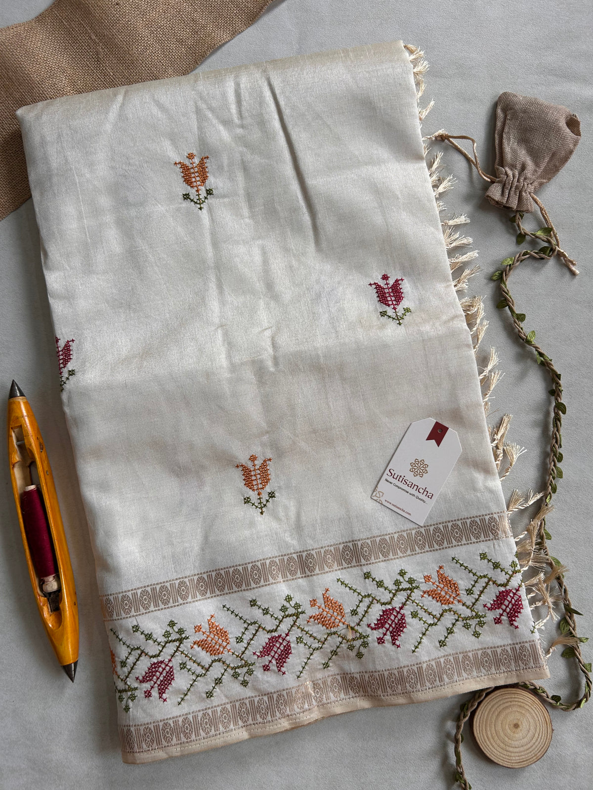 Evara Floral Vine Tussar Cotton Saree with Heritage Border