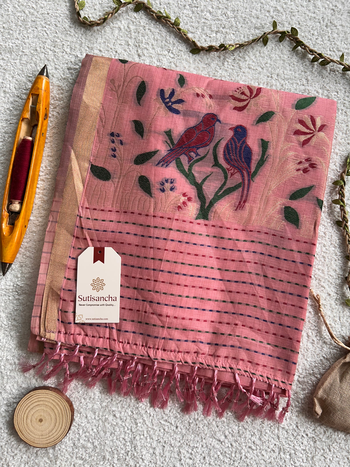 Vanmira Botanical Bird Thread Work Cotton Saree