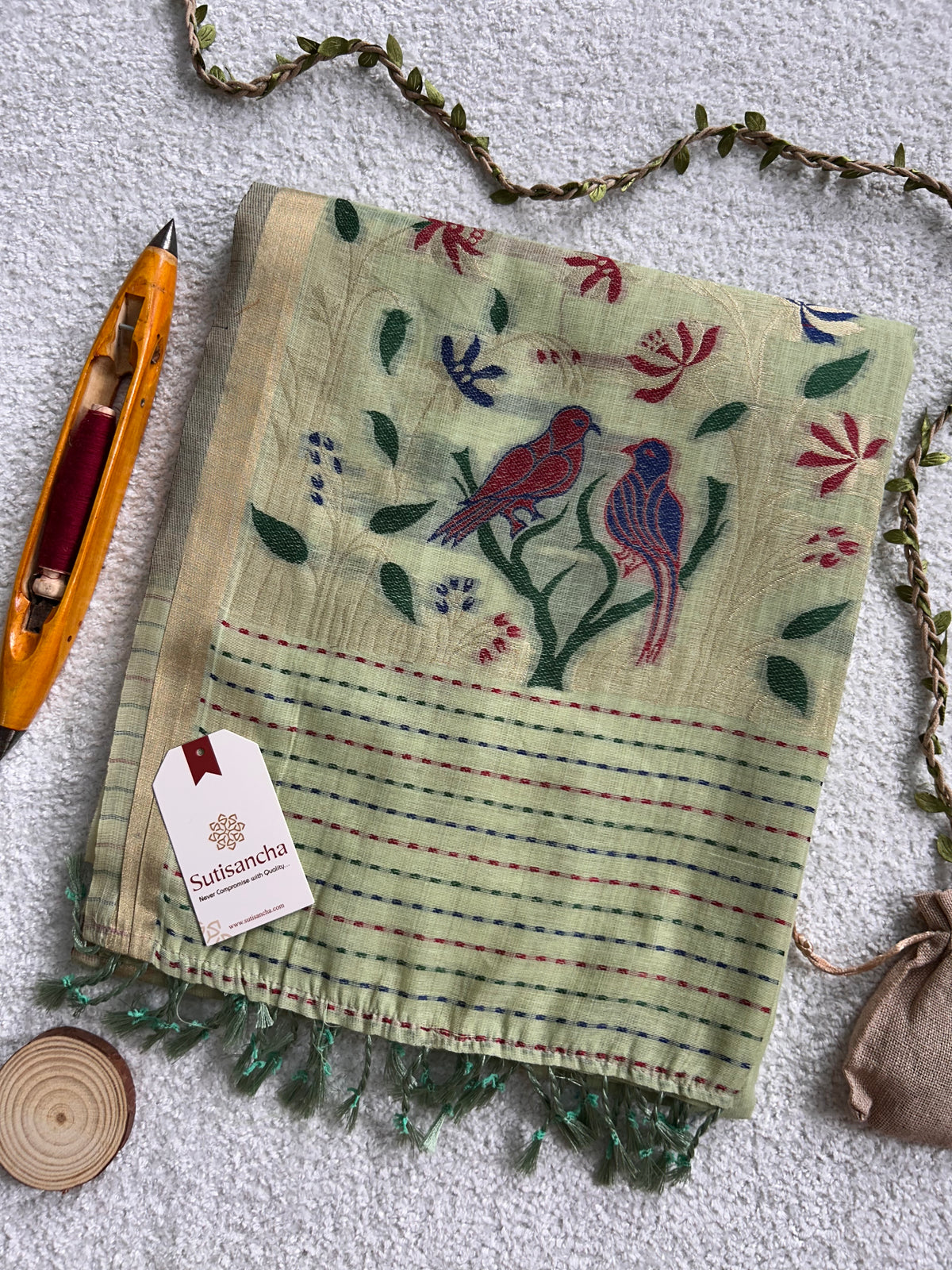 Vanmira Botanical Bird Thread Work Cotton Saree
